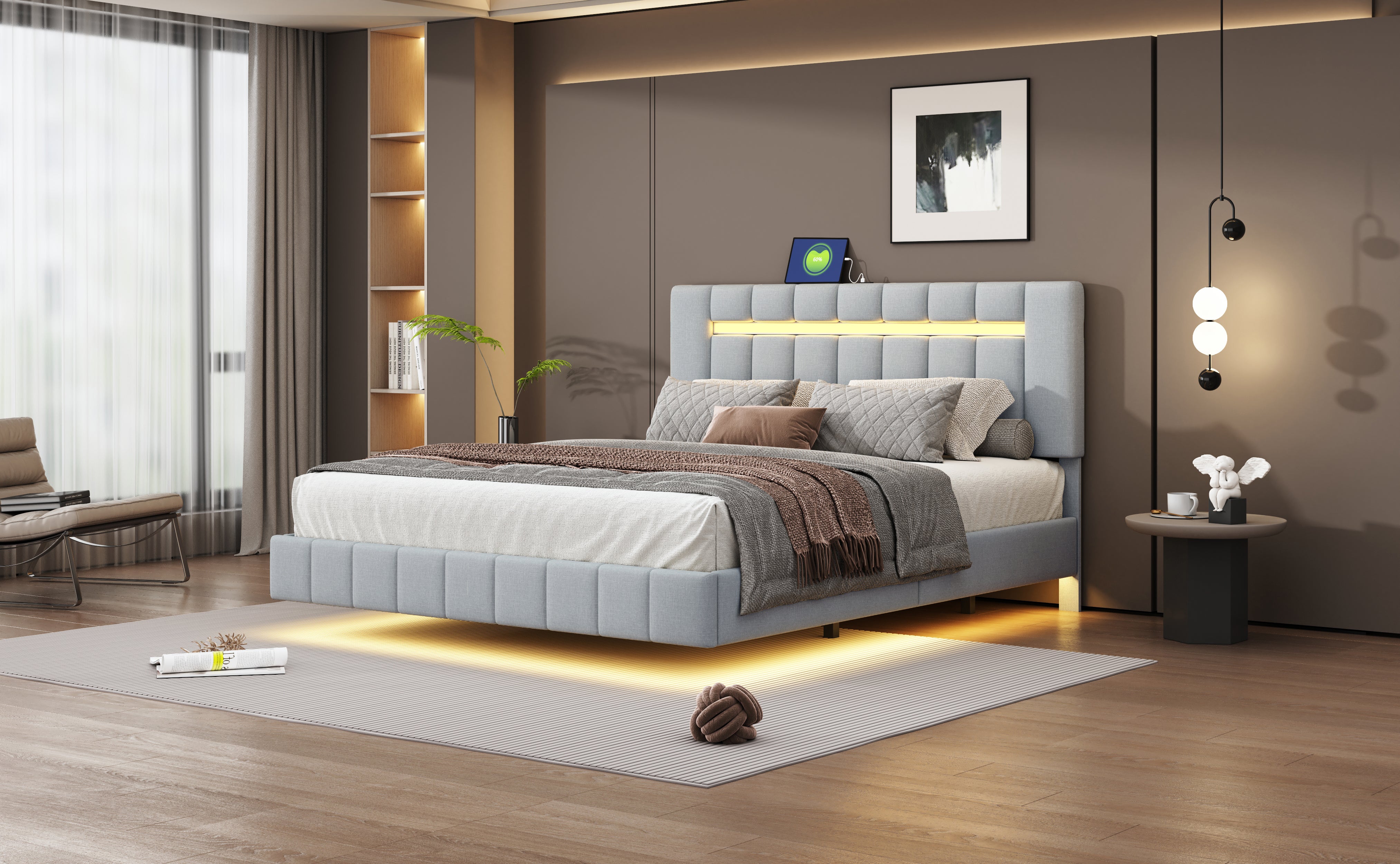 Letto imbottito 160 x 200 cm con testiera - tessuto lino - led - rete a doghe - grigio - 6