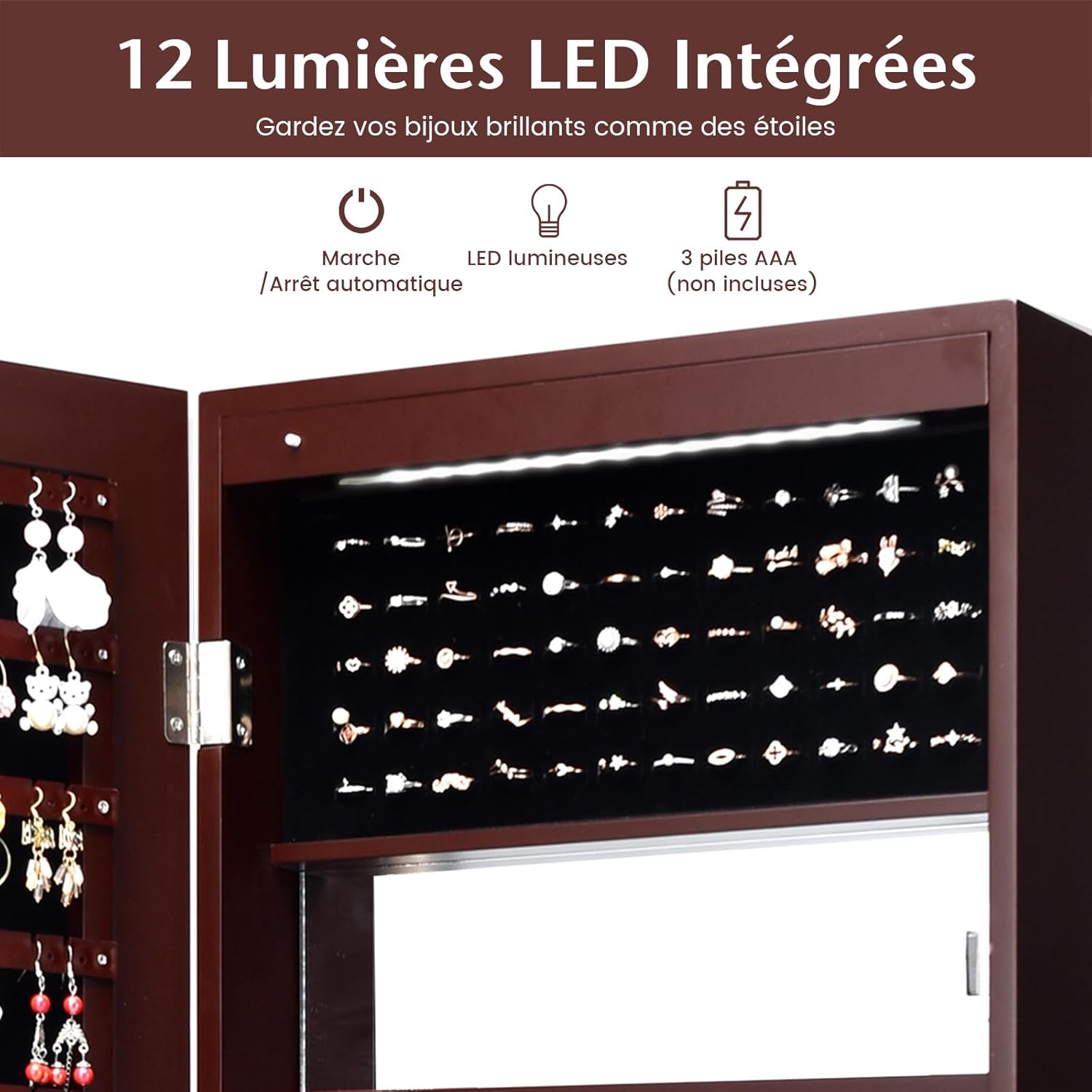 Armoire à Bijoux Murale avec Miroir Pleine Longueur,avec Lumières LED Automatiques Miroir Intégré,Serrure à Clé,Marron - 4