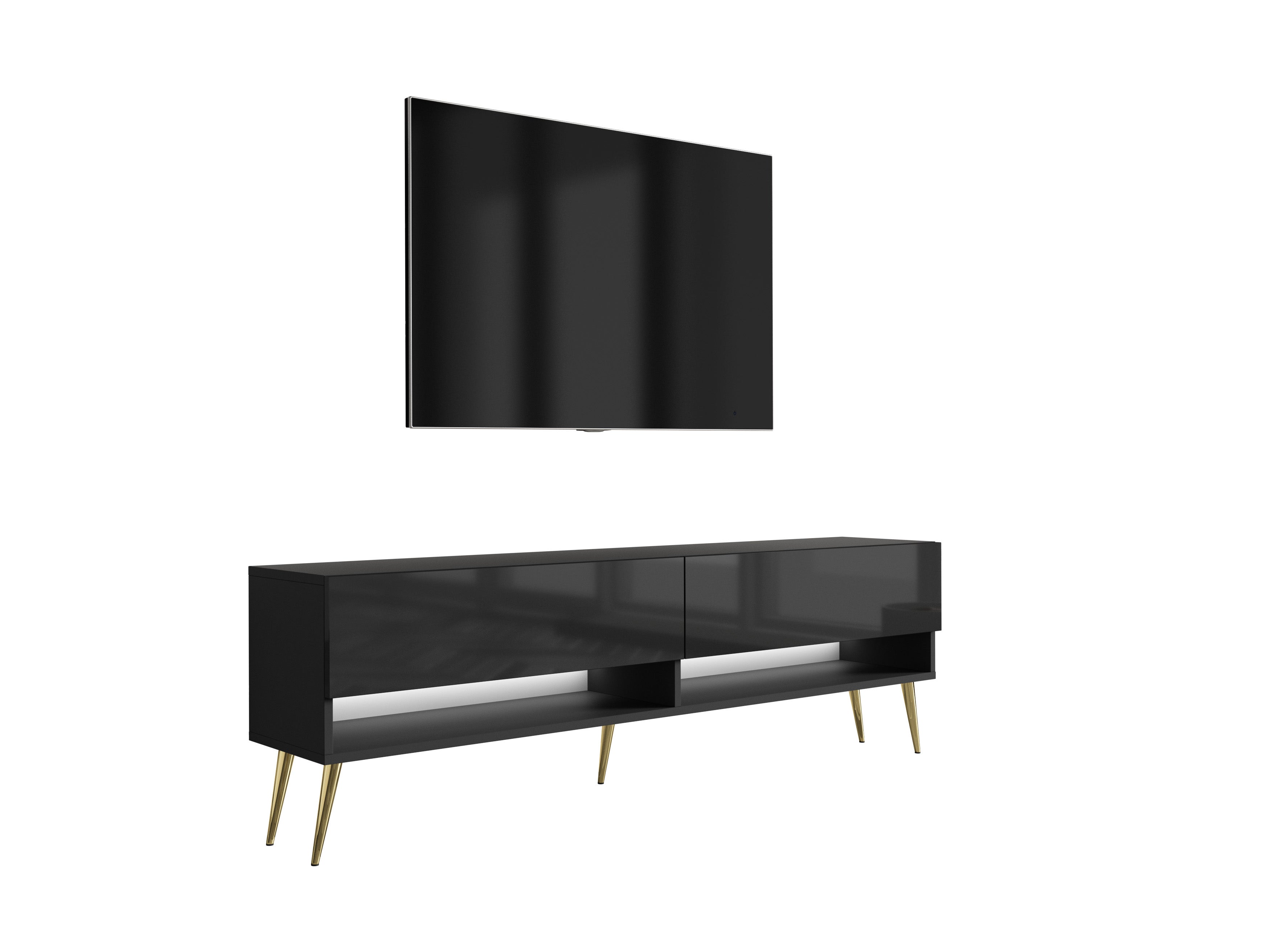Szafka RTV : Czarny Mat / Czarny Połysk, nóżki pochyłe złote, LED biały, 170 × 32 × 52 cm