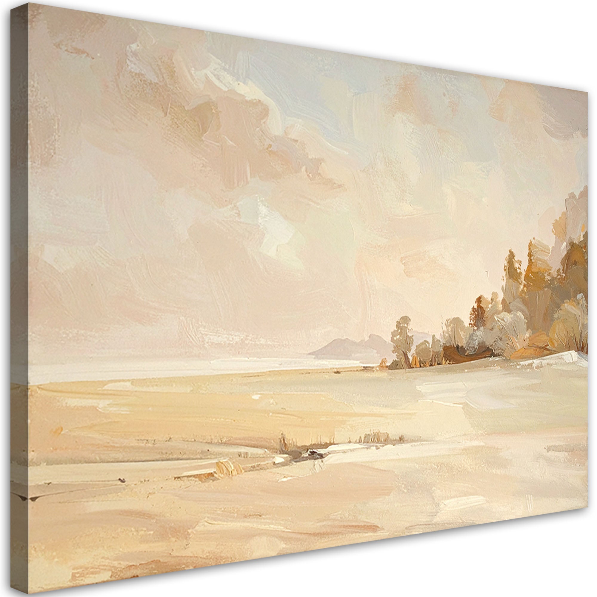 Obraz do salonu sypialni, Pastelowa Plaża Minimalistyczny Nadmorski Krajobraz w Beżowych Tonach 100x70