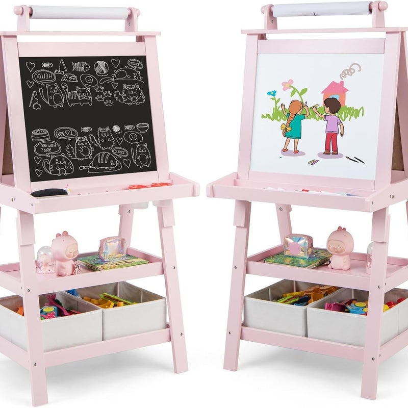 Dwustronna Tablica dla Dzieci, Sztaluga z Białą/Czarną Tablicą do Pisania Markerami, Tablica Magnetyczna, dla Dzieci Powyżej 3 Lat, Różowa