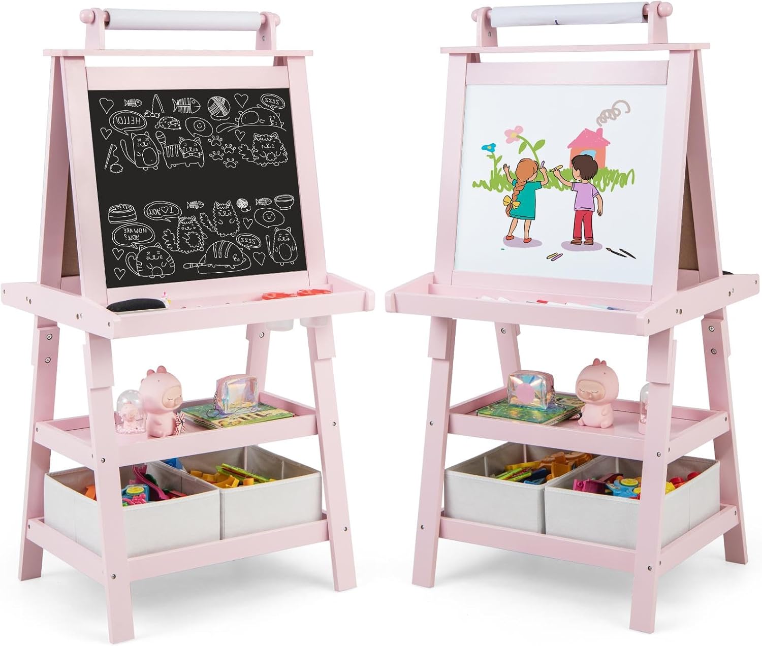 Dwustronna Tablica dla Dzieci, Sztaluga z Białą/Czarną Tablicą do Pisania Markerami, Tablica Magnetyczna, dla Dzieci Powyżej 3 Lat, Różowa