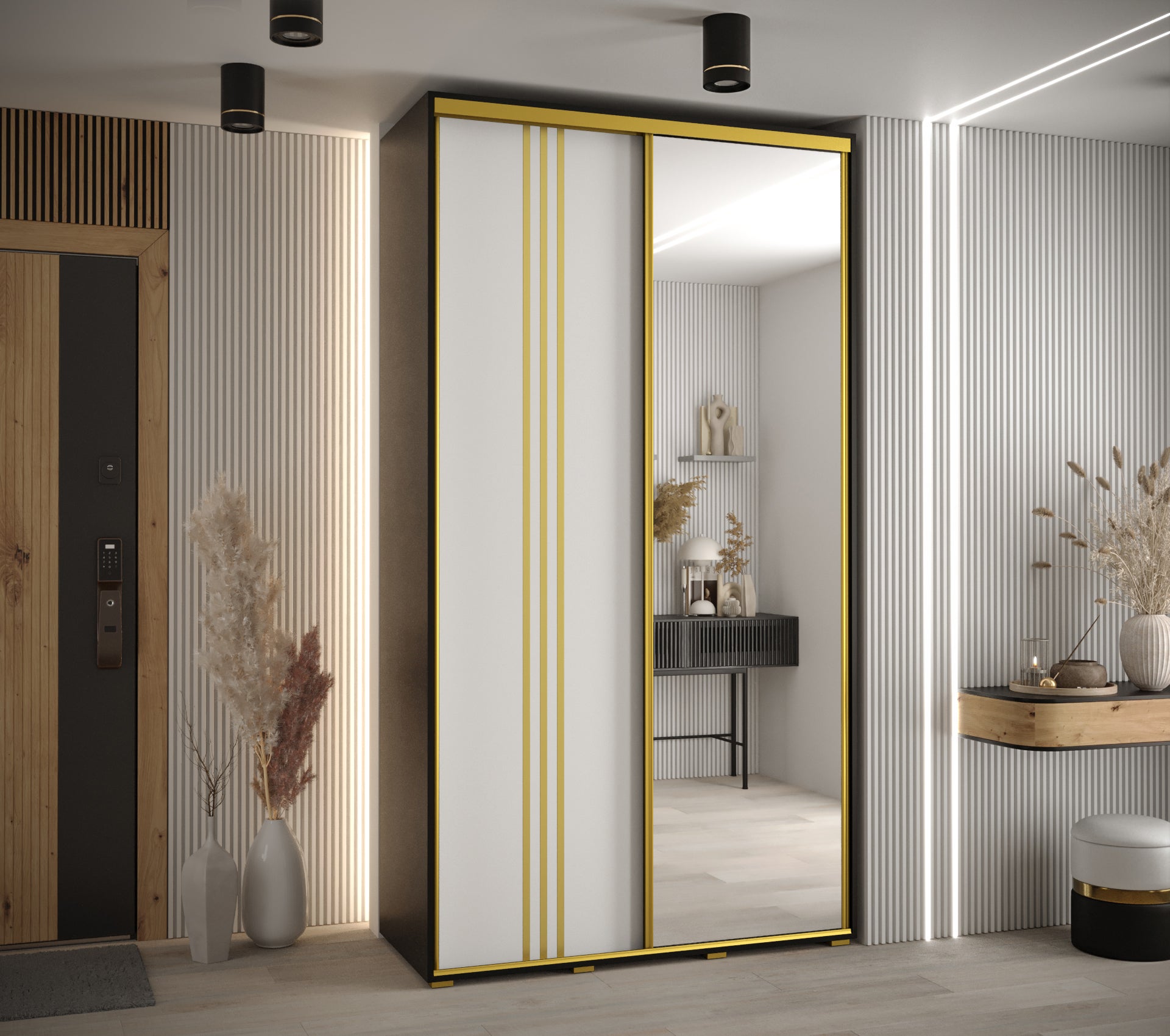 Szafa przesuwna z lustrem wysoka Davos 7 130 x 60 x 235,2 cm czarny + biały + u. złoty - Abiks Meble - 2