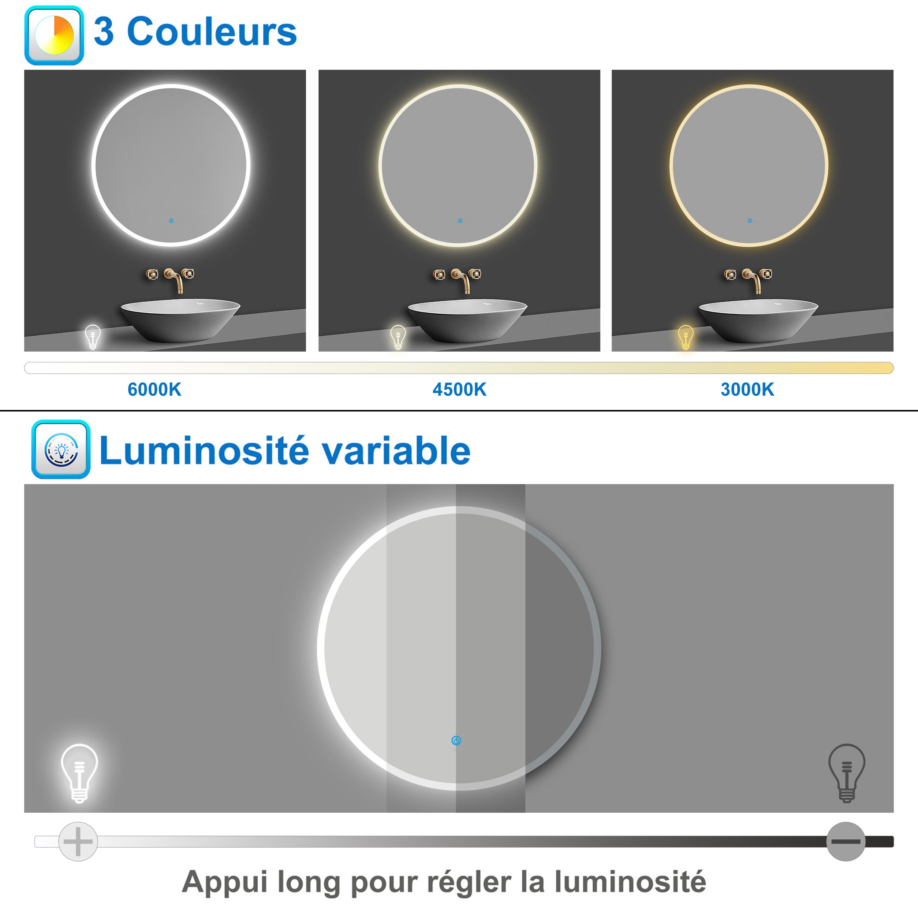AICA Miroir lumineux rond 70cm,3 couleurs + dimmable + anti-buée + mémoire, miroir salle de bain - 3