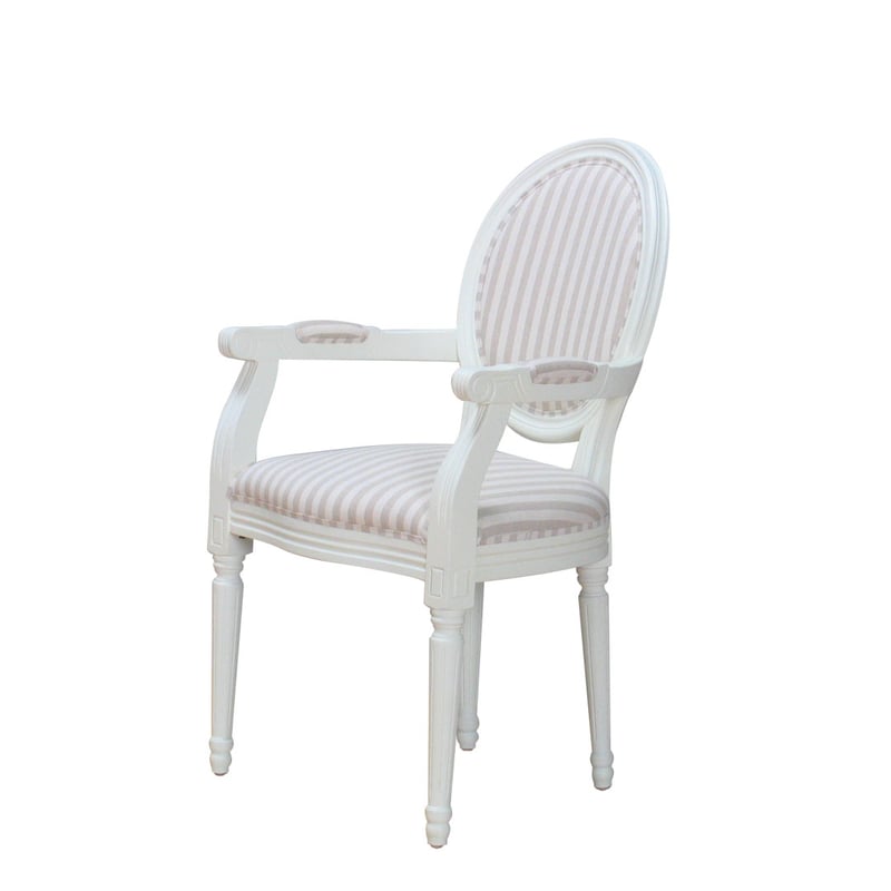 Rokoko/Amaretta krzesło do jadalni, podłokietniki antyk biały, tkanina beż szew.