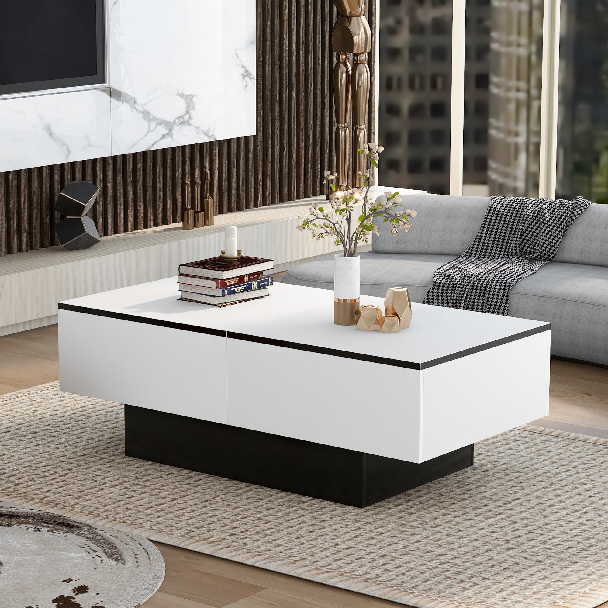 Table basse grise brillante avec espace de rangement, table de salon extensible, 102x60x40 cm
