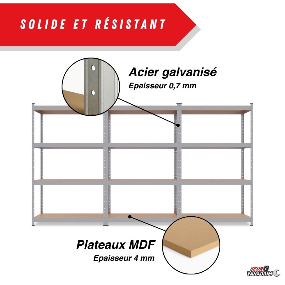 Triple étagère charges lourdes - 2M10 de long -12 plateaux - 210 X 150 - 40 cm - Gris - 3