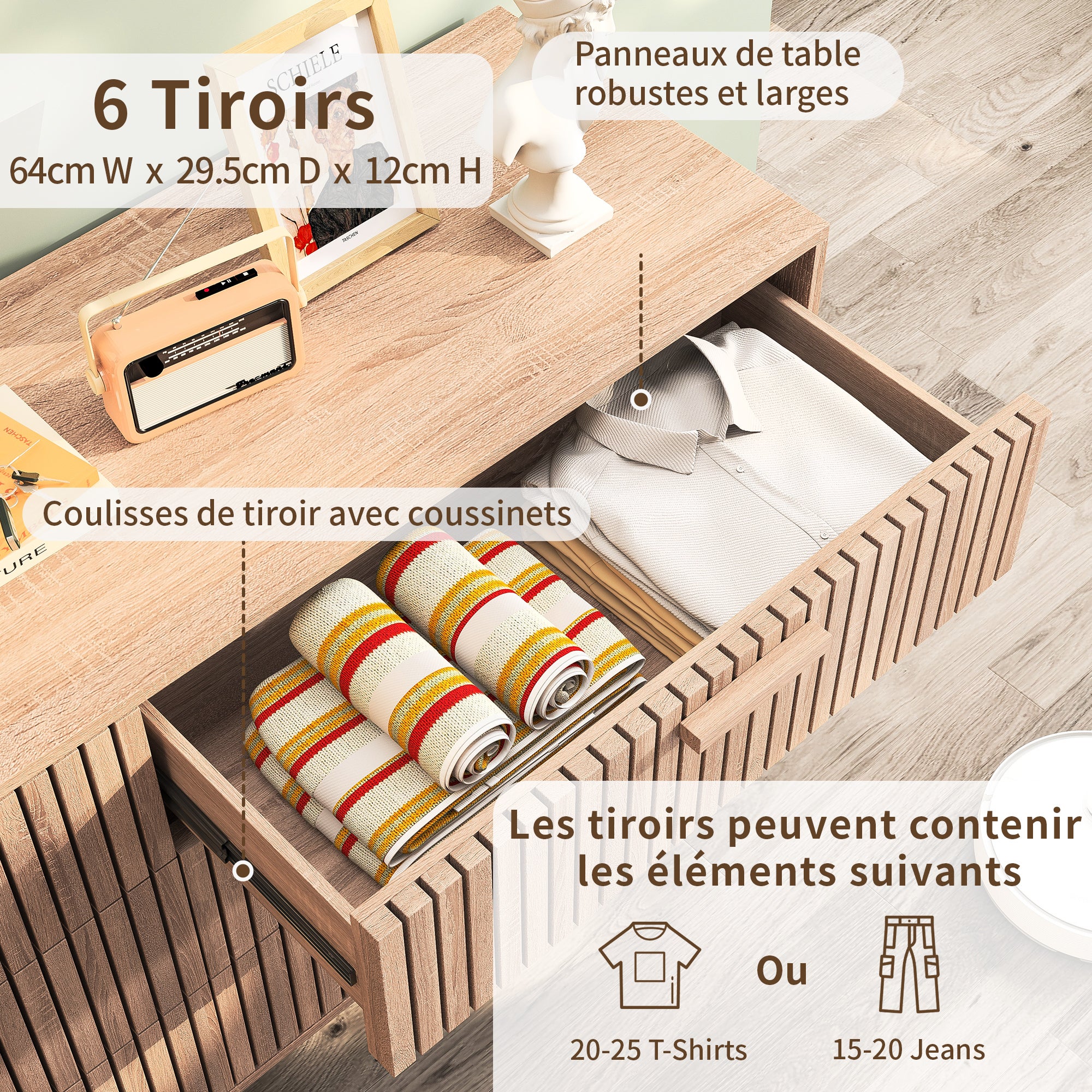 Commode, 6 tiroirs, pieds antidérapants et Panneau respirant, convient aux salons et aux chambres, 100x73x34 cm - couleur bois naturel - 4