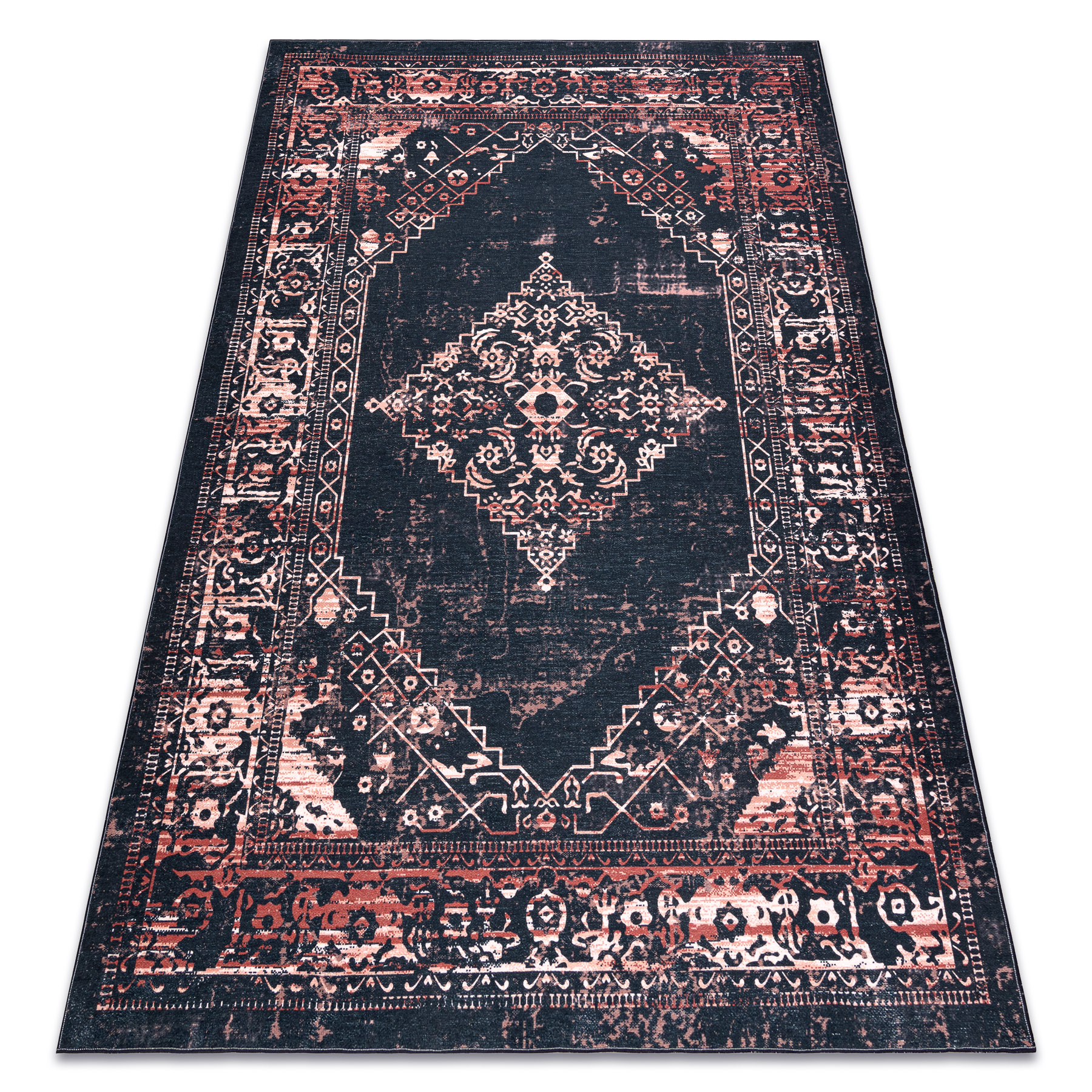 Antika alfombra 120 tek, adorno sunset, lavable - negro / terracota 160x220 cm