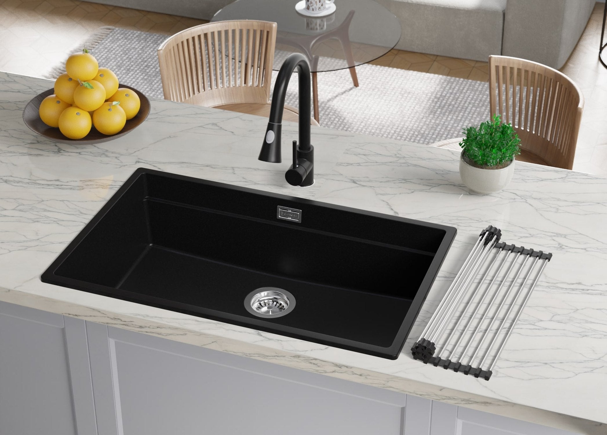 Lavandino da Cucina Nero 76x47cm, Lavello in Granito a 1 vasca + Sifone Classico + Accessori, Lavabo da Cucina Incasso al mobile 80cm PRIMAGRAN - 9