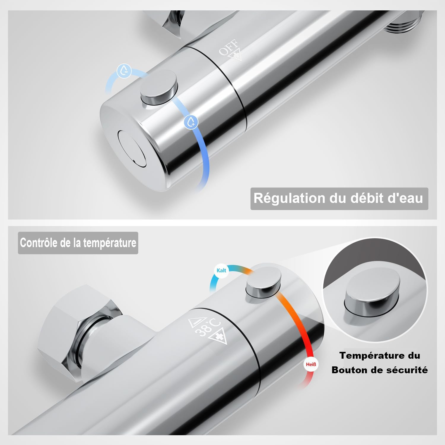 Görbach Mitigeur thermostatique de douche avec touche de sécurité 38 °C, Mitigeur thermostatique de douche, robinet de baignoire chromé pour douche - 6