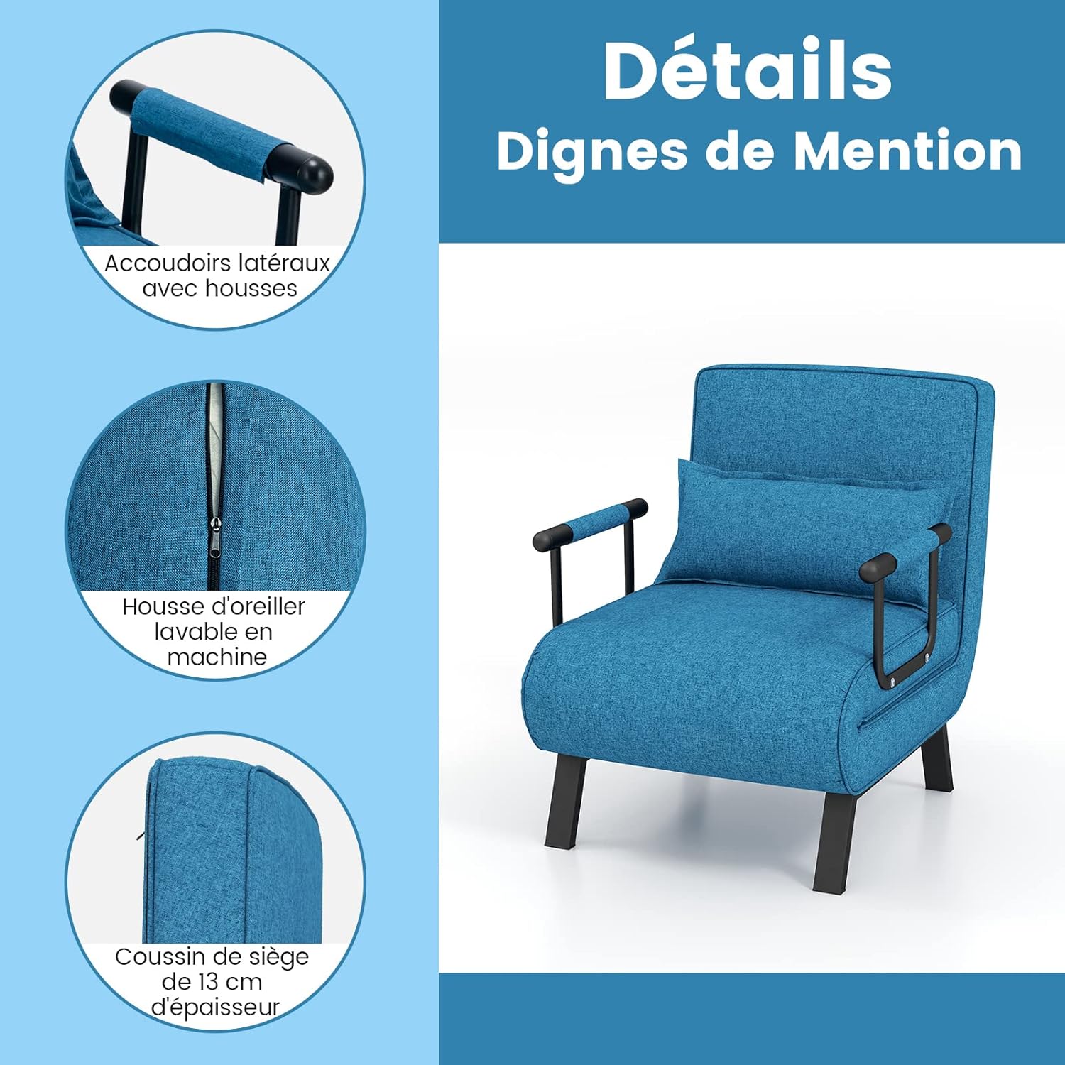 4 in 1 Poltrona Letto Singolo, Poltroncina Pieghevole con Schienale Regolabile in 6 Posizioni, Sedile Imbottito Robusto, Divano Letto per Casa - 7