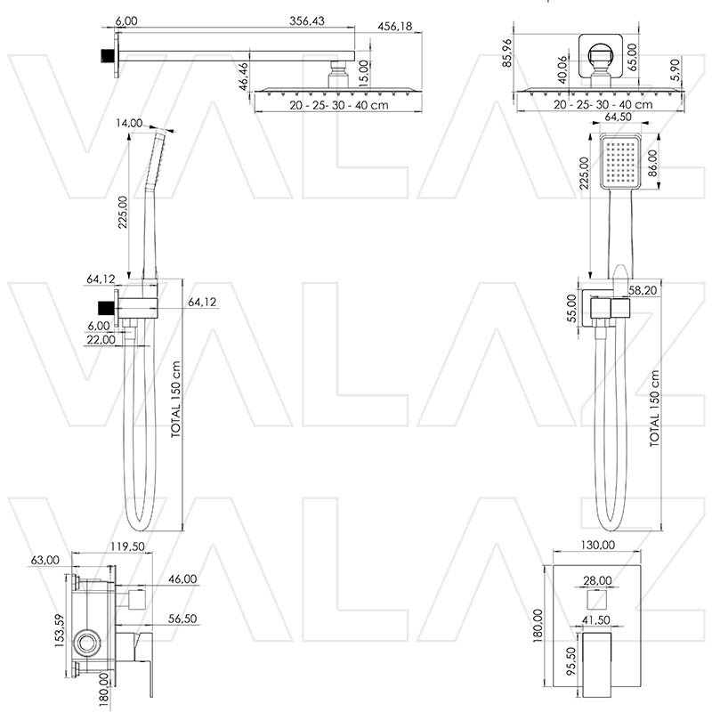 Valaz Ducha empotrada monomando a pared cuadrada negro mate - Serie Eresma - 20cm - 2