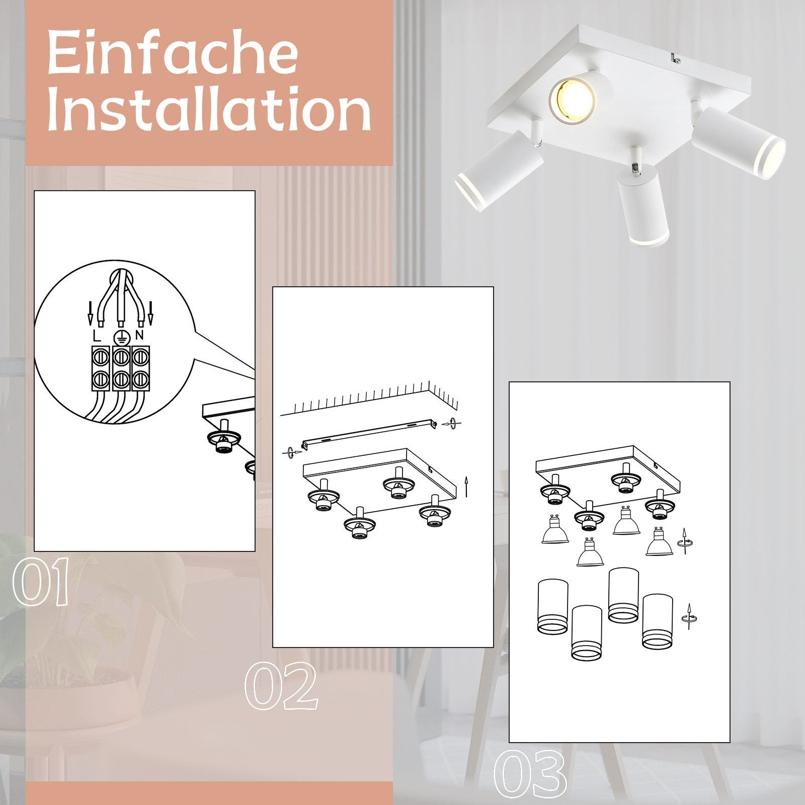 ZMH Spot de plafond blanc 4 ampoules moderne spot GU10 spots orientable intérieur métal - 3