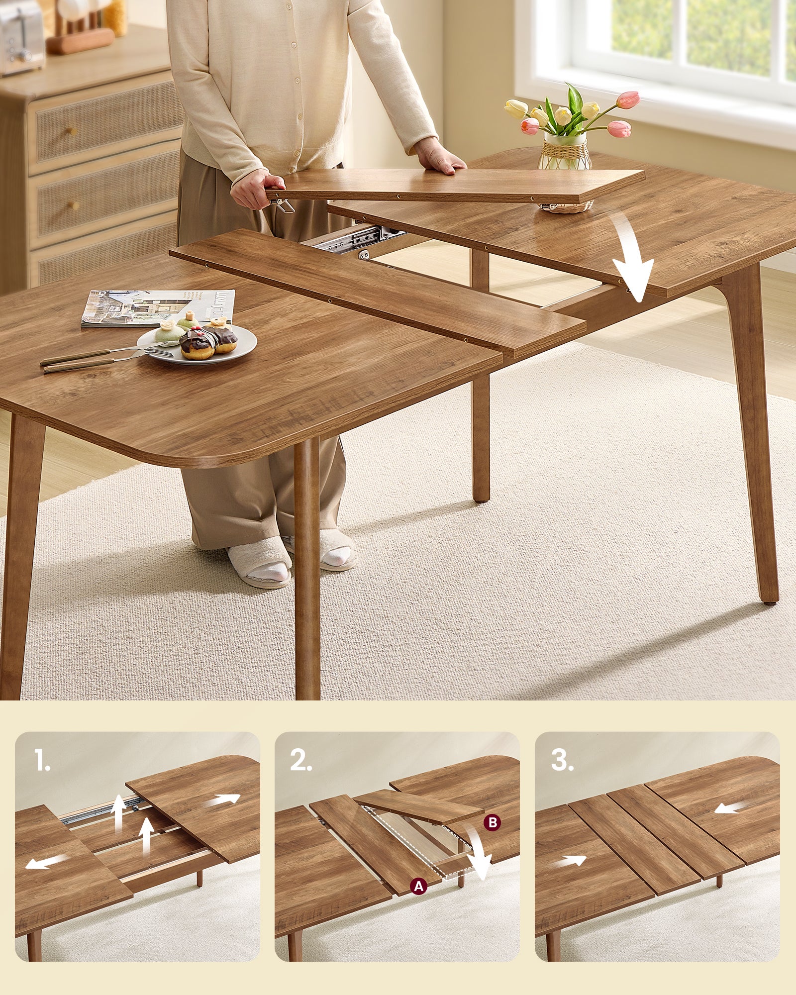 Table de Salle à Manger, Plateau Extensible, Capacité de Charge de 120 kg, pour Salle à Manger, Bureau ou Espace de Travail, Design Épuré, Marron Miel - 4