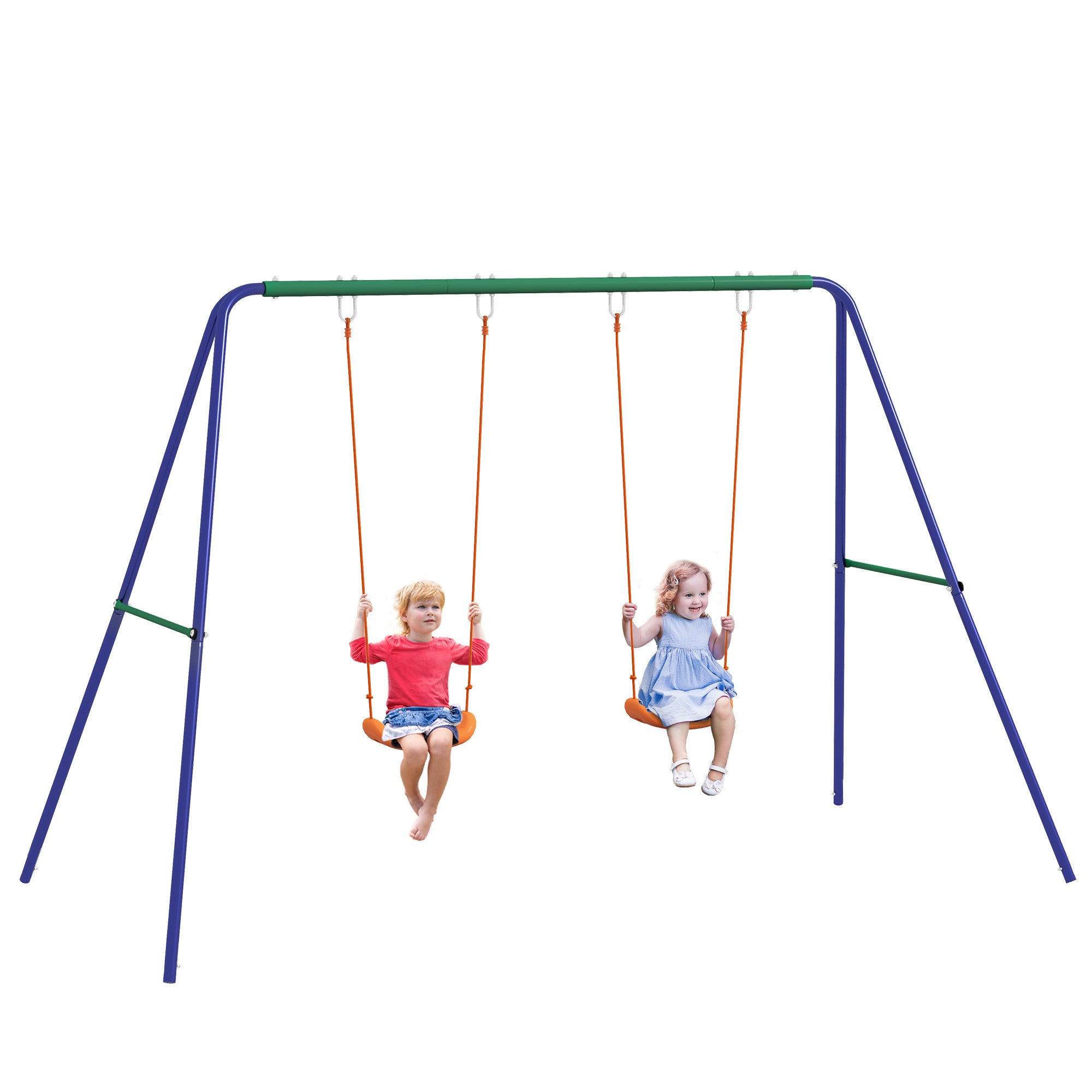 Columpio portátil con dos asientos, estructura metálica, capacidad de carga máxima 90 kg, multicolor.