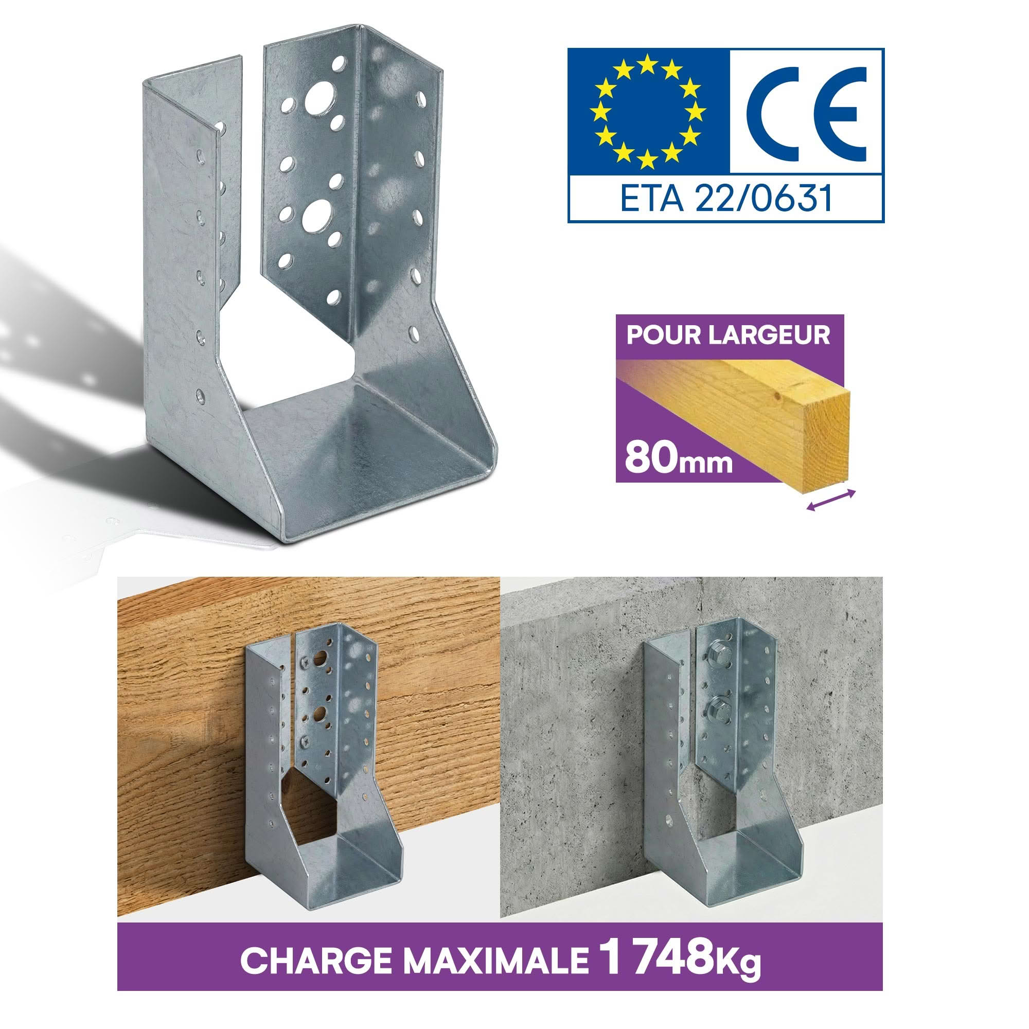 10 sabots de charpente à ailes intérieures - Larg. 80 x Ht. 122 mm - Connecteurs de poutres - Acier galva - Fabriqué en Europe - 3