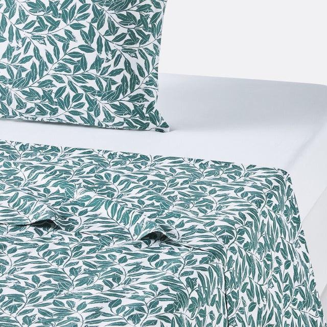 Drap plat coton lavé, Feuillage - Imprimé vert/blanc - 180 x 290 cm