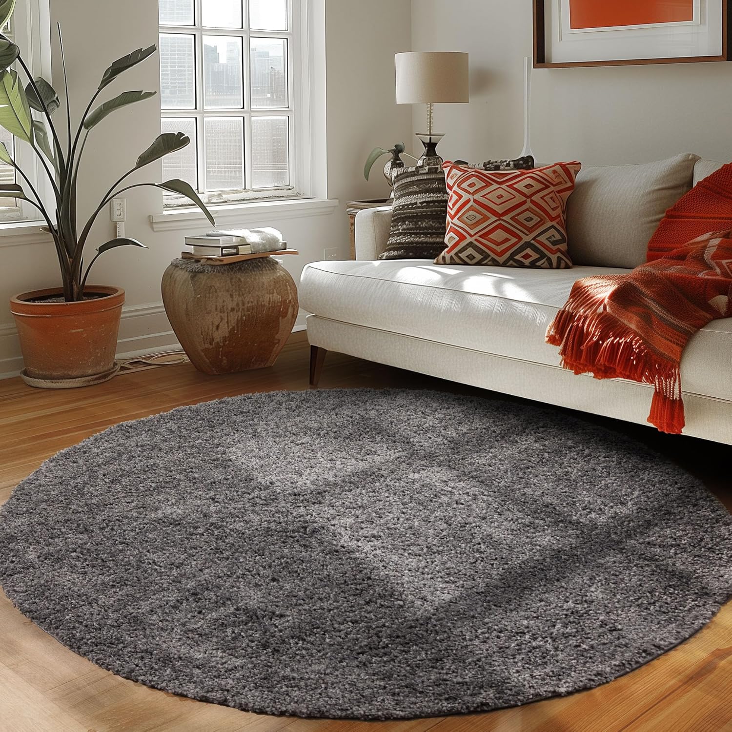 SHAGGY - Tapis Uni Rond - Gris 120 x 120 cm - 2
