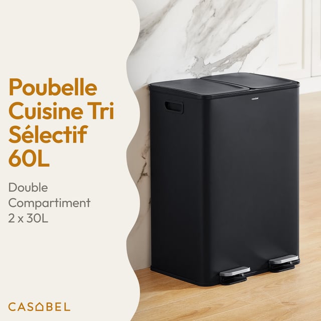 CASABEL Poubelle Cuisine Tri Sélectif 60L - 2 x 30 Litres, Double Compartiments 2x30L, Acier INOX Noir, Poubelle Recyclage Rectangulaire à Pédales