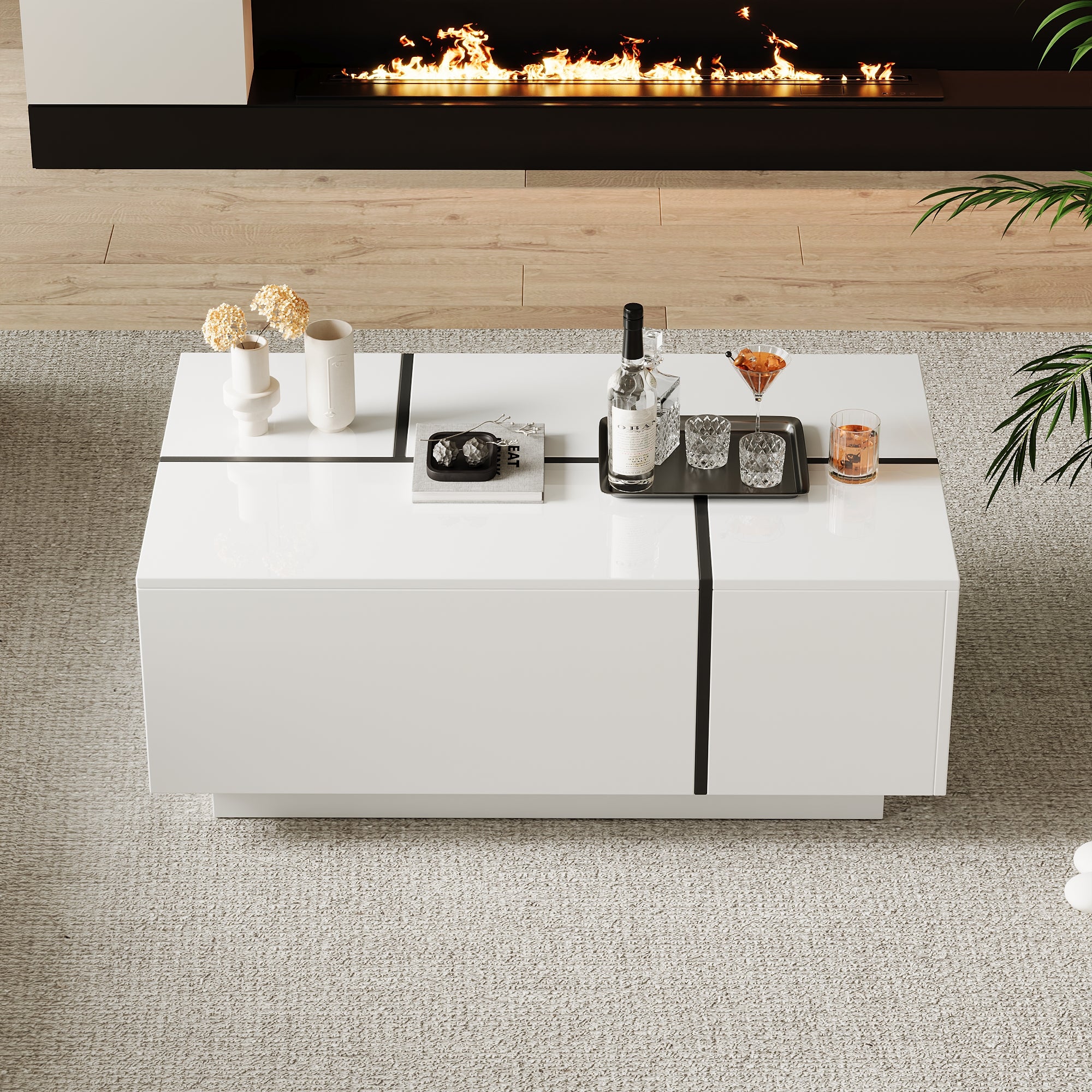 Table basse avec 4 tiroirs et 2 plateaux coulissantes - 100 x 60 x 40 cm - Panneau de particules - Blanc - 3