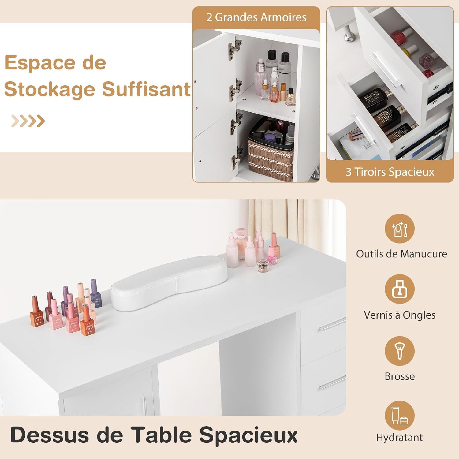 Tavolo da manicure professionale, scrivania e tavolo per unghie 2 in 1, con poggiapolsi, postazione di lavoro in legno, per centro estetico (Bianco) - 7