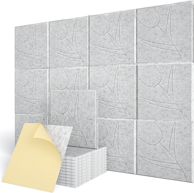 Zestaw 12 samoprzylepnych paneli akustycznych, wyściółka dźwiękochłonna z poliestru, panele ścienne o wysokiej gęstości, 30 x 30 x 1 cm, kolor szary