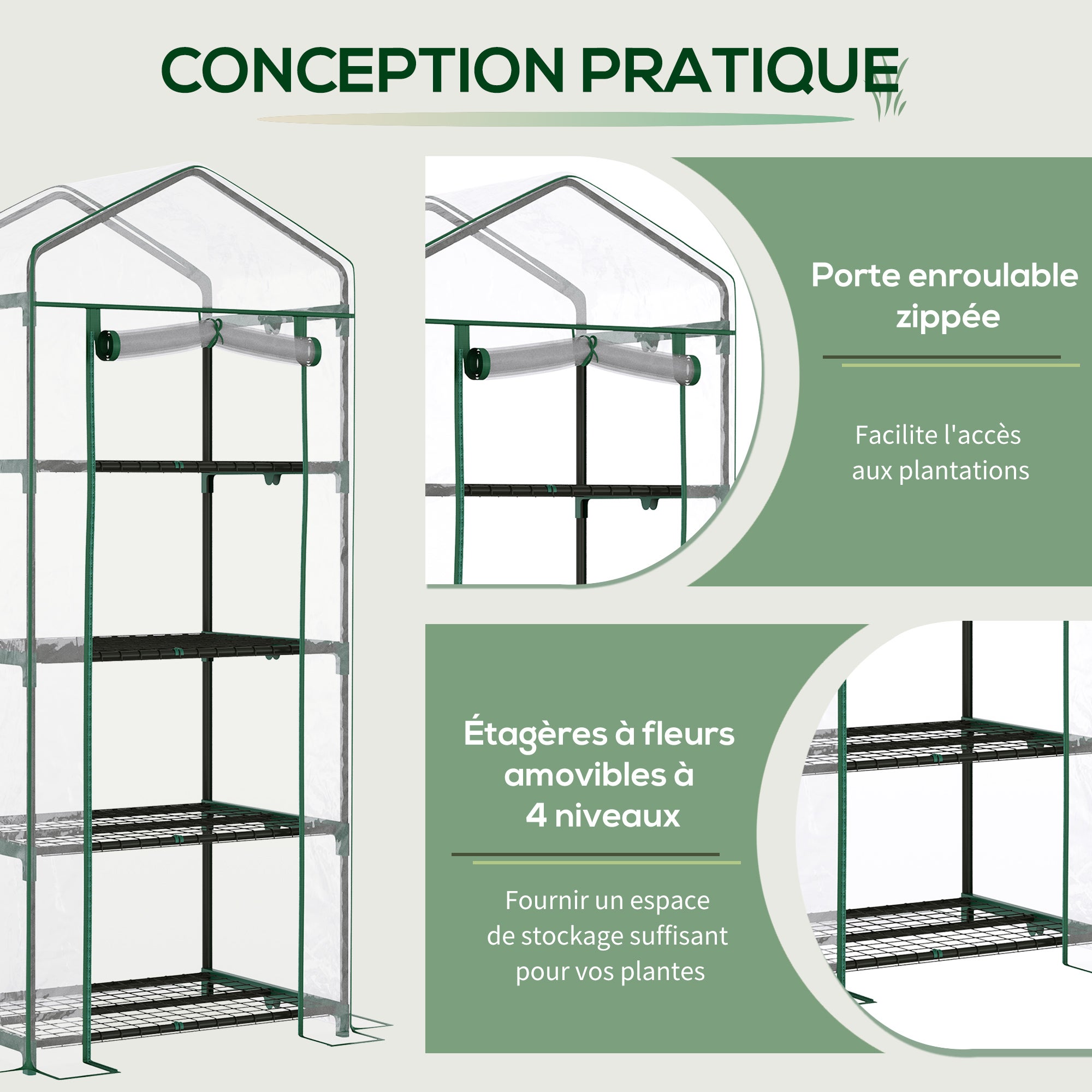 Serre de jardin avec étagères 4 niveaux, serre de balcon, bâche renforcée PVC, châssis en acier,intérieur et extérieur, 70x50x160cm, transparente - 8