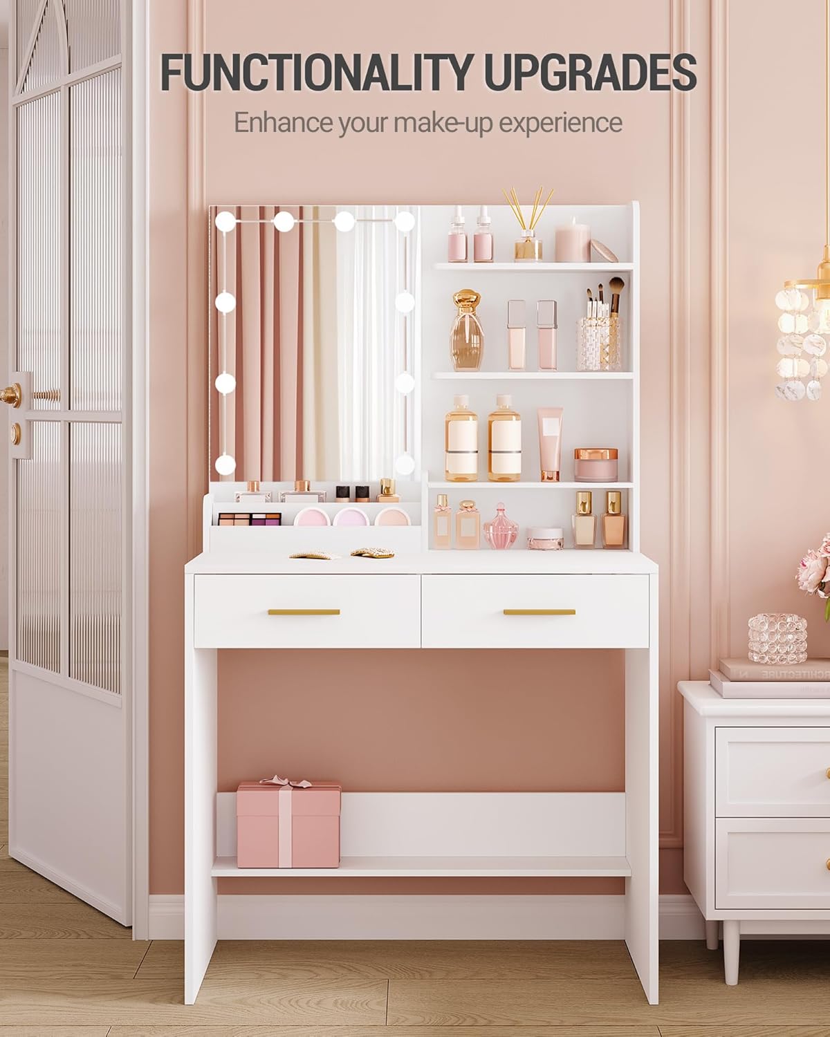 Coiffeuse avec 10 LED,Vanité de Maquillage avec 4 Étagères de Rangement Ouvertes et 2 Compartiments, Coiffeuse avec 2 Tiroirs, pour Chambre, Blanc - 4