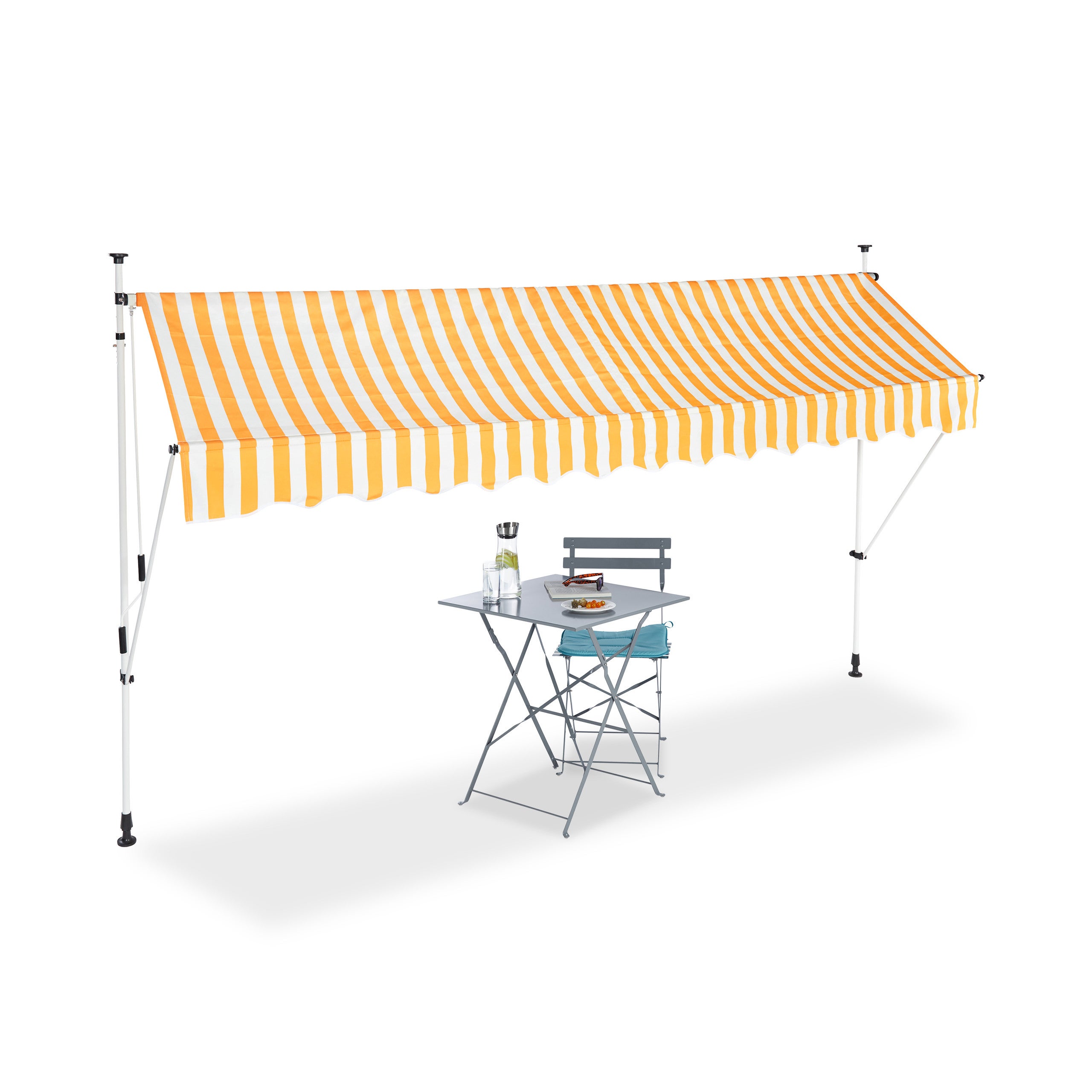 Store Banne Manuel Rétractable Detex - Marquise Terrasse 180x350cm - Montage Sans Perçage - Orange/Noir/Blanc