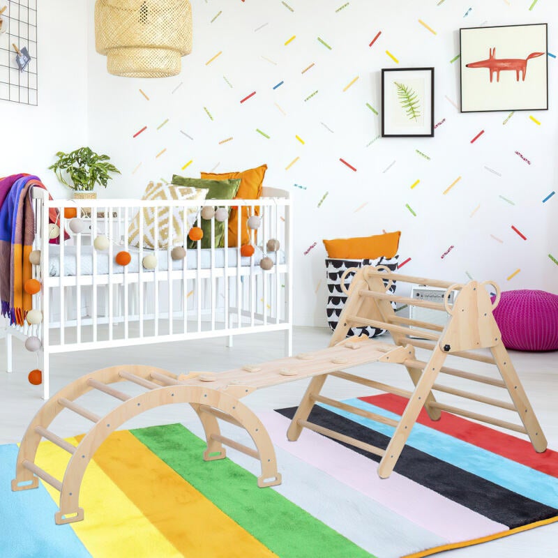 Ensemble d'Escalade,3 en 1 Triangle d'escalade Enfants avec Rampe Réversible,Naturel,pour Tout-Petits Bébé 2 An+ - 9