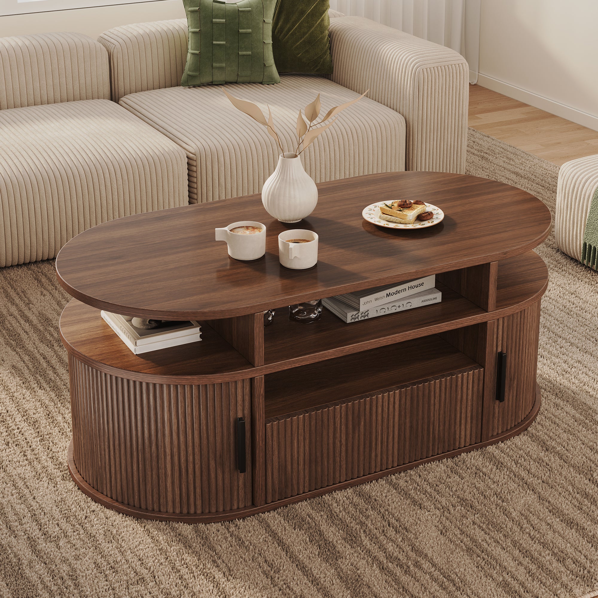 Table Basse Ovale avec Rangement Effet Noyer, 100 x 50 x 40 cm | Leroy ...