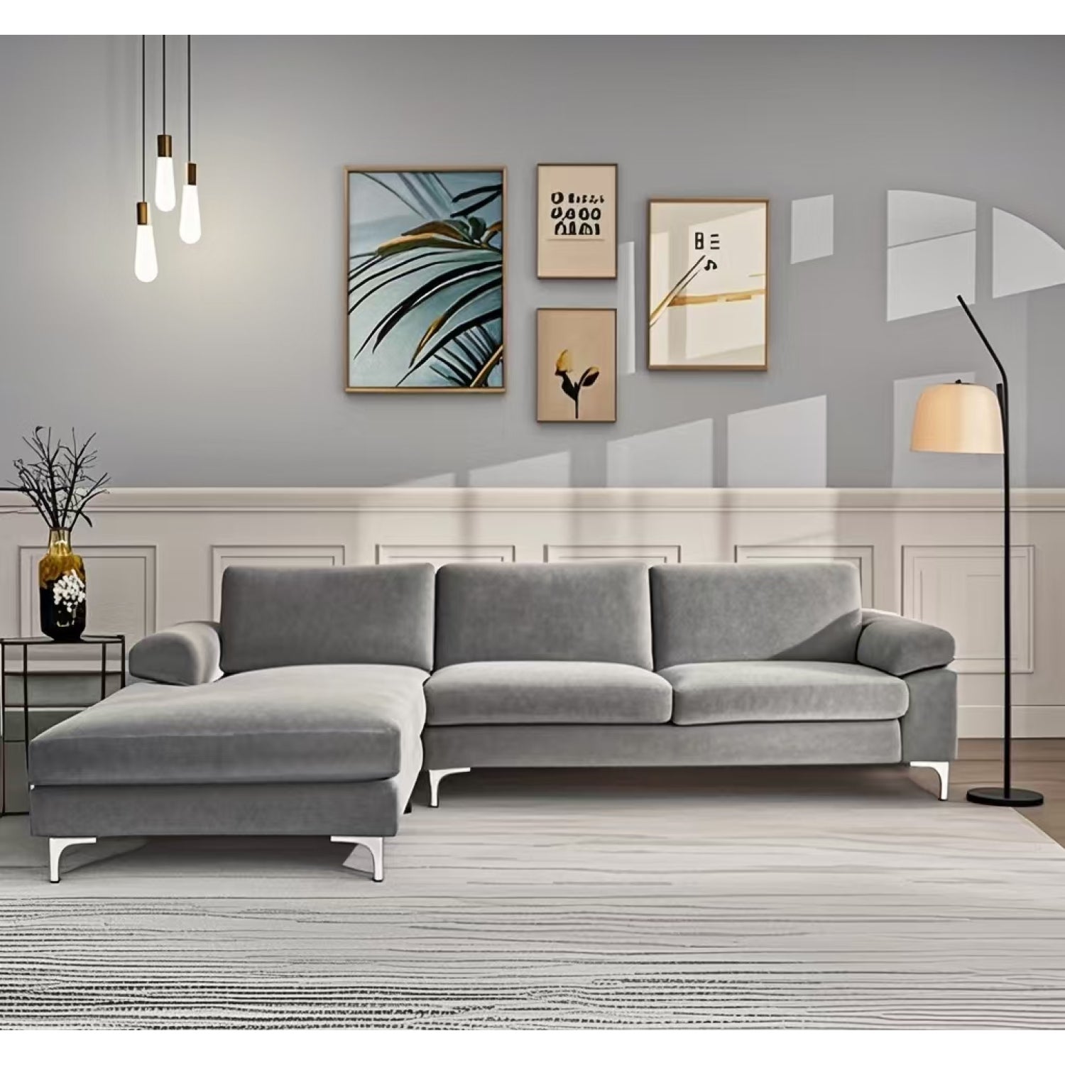 Canapé d'angle gauche 4-5 places en velours gris GALWAY - 4