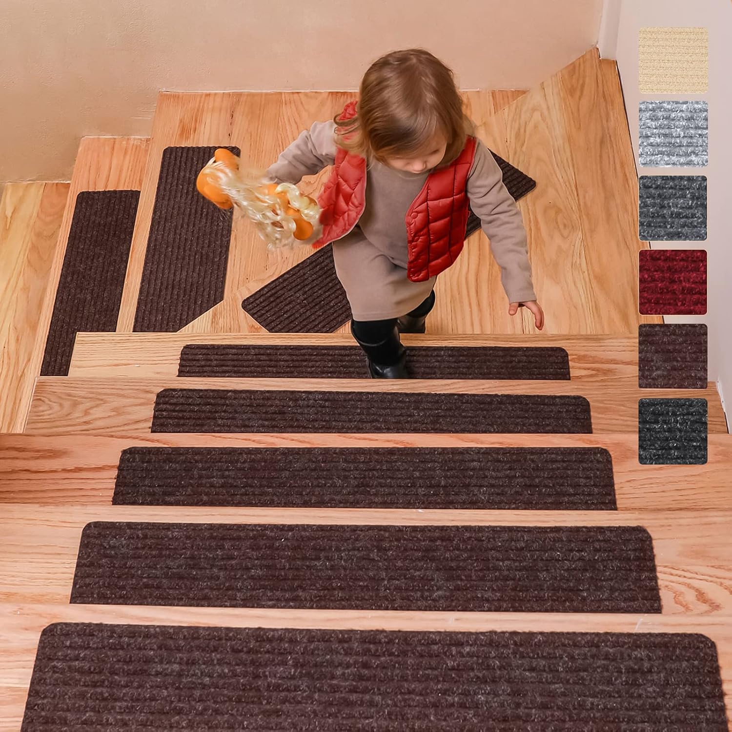 15 Pièces Tapis D'Escalier Moquette 76x20cm Auto-Adhésifs Antidérapants - Gris - Protection Enfants, Seniors Et Animaux
