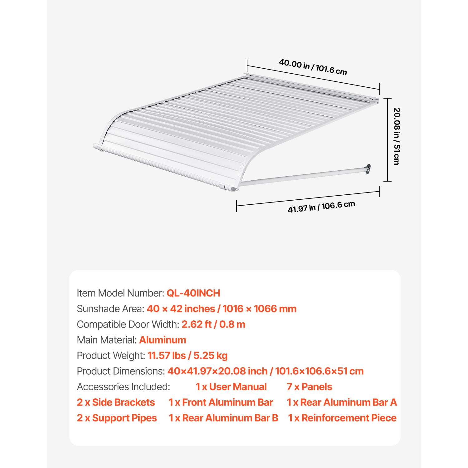 Toldo porta entrada SucceBuy 101,6x106,6 cm, marquise alumínio, proteção chuva neve sol, abrigo duradouro portas, janelas, varandas, sacadas - 7
