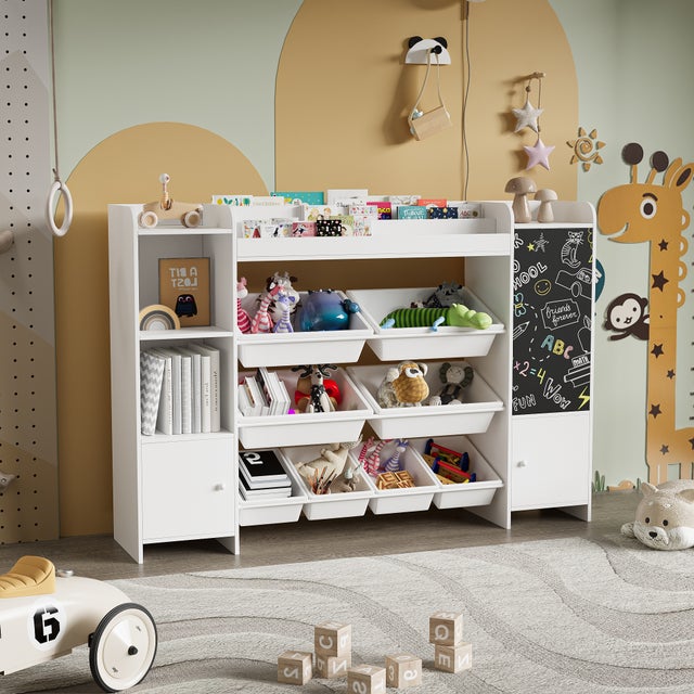 Bibliotheque Enfant en MDF,Étagère à Livres Enfant avec 3 Compartiments Ouverts et 8 Bacs,Meuble de Rangement pour Enfant,137x30x95cm(Blanc)