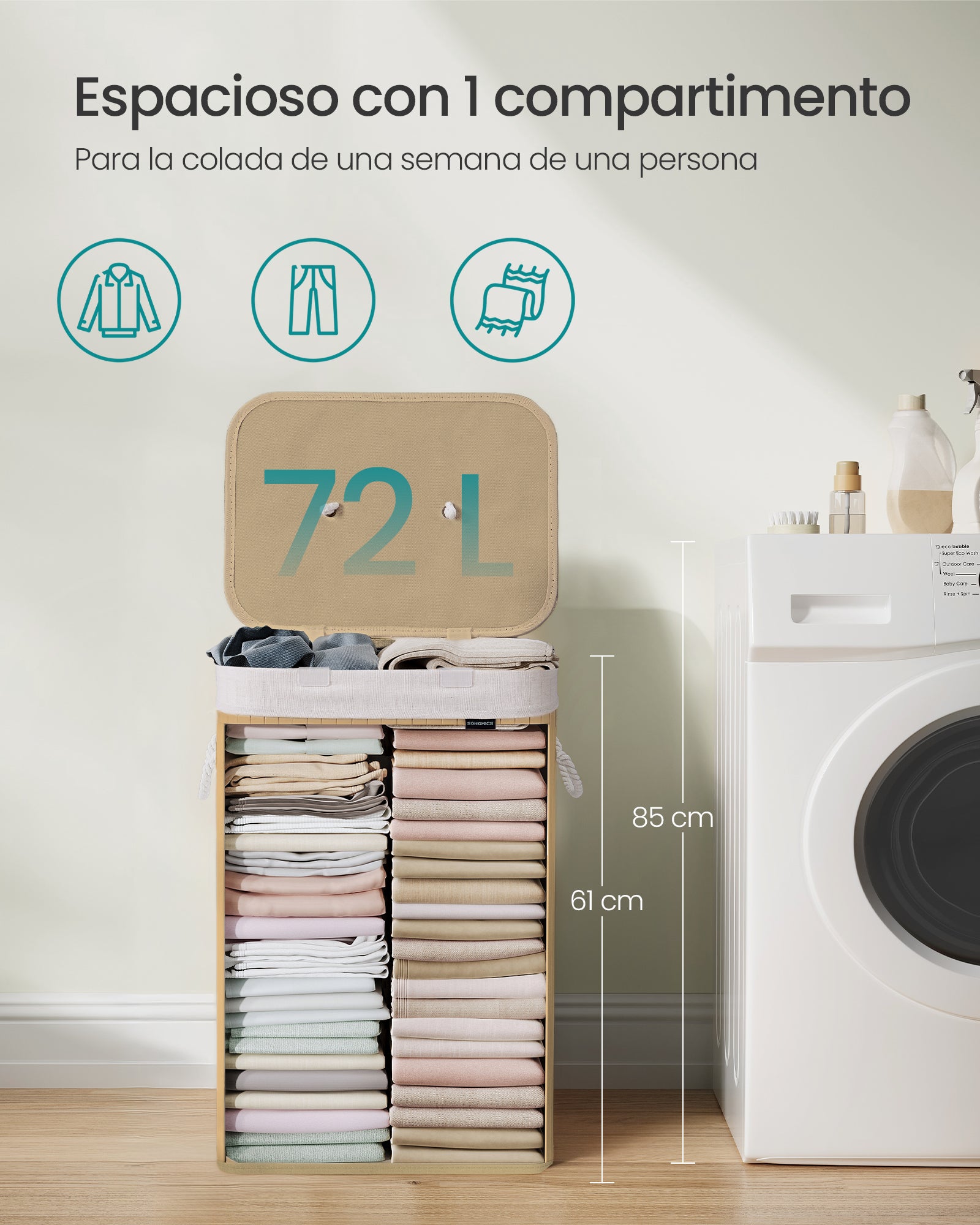 Cesto de la Ropa Sucia con Tapa, 72 L, Cesto de Lavandería de Bambú, Plegable, con Bolsa Lavable Extraíble, Asas, para Lavandería, Dormitorio, Natural - 4