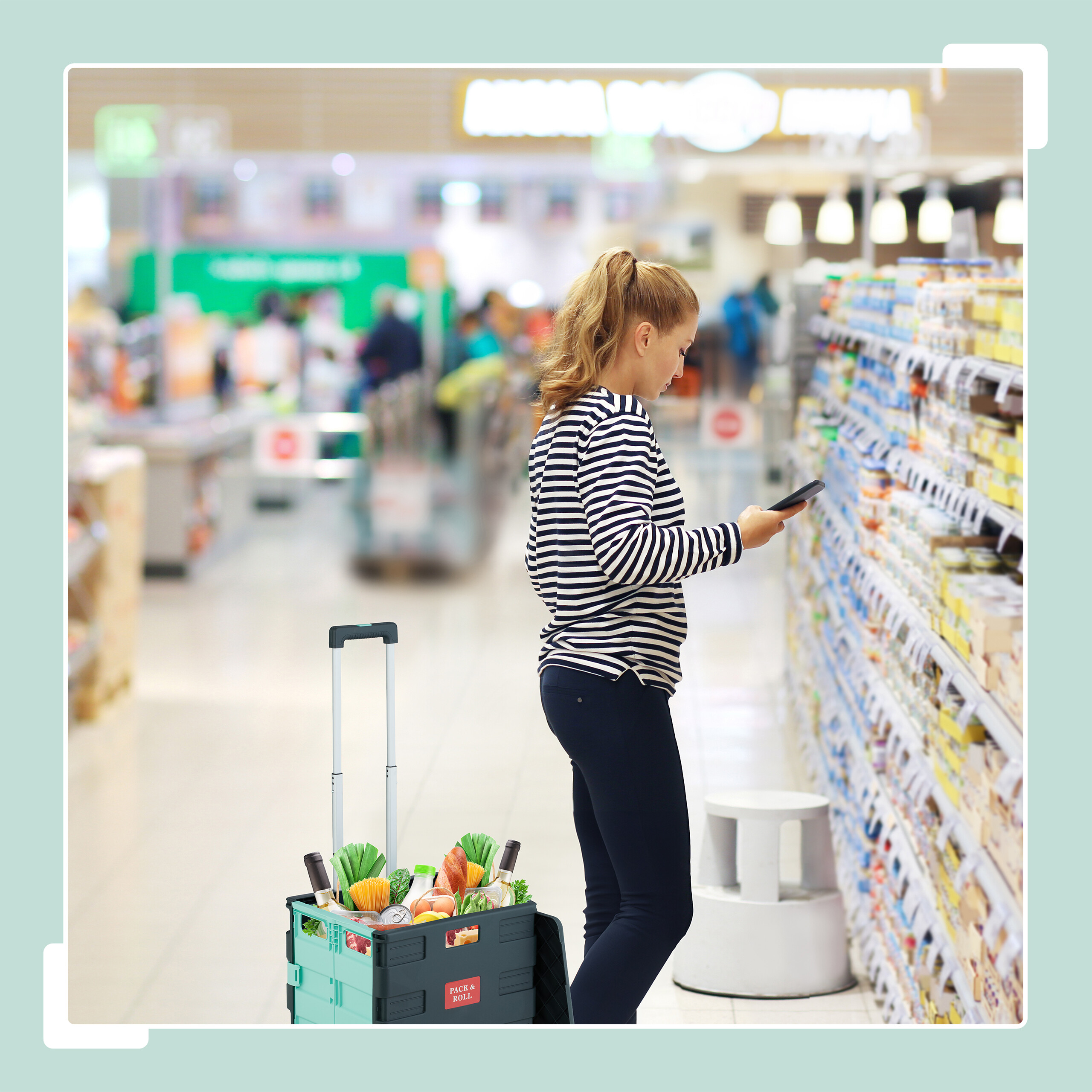 Relaxdays Chariot de courses pliable, avec couvercle, caisse sur roulettes, poignée, jusqu'à 35 kg, turquoise/gris - 2