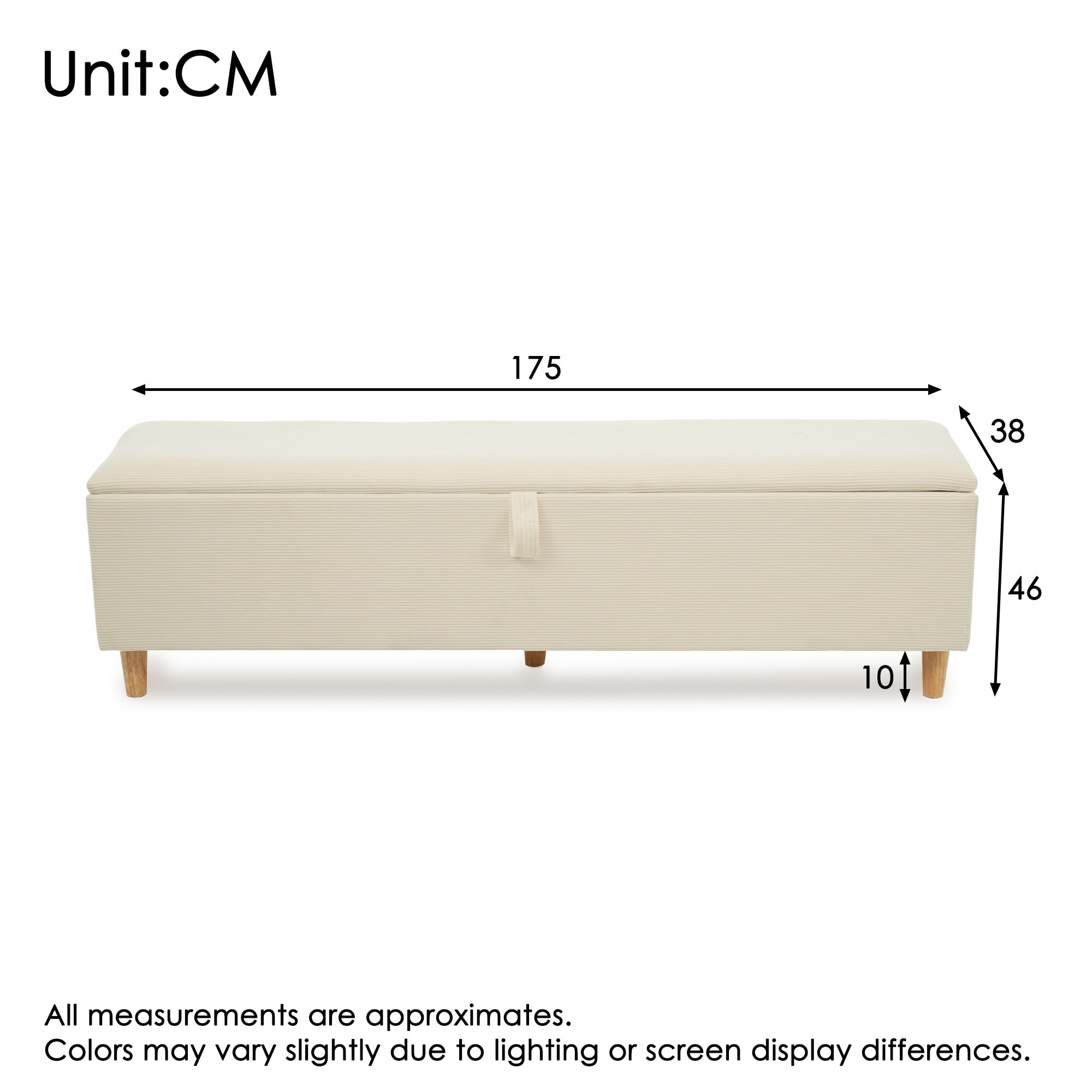 Banc coffre de rangement en velours côtelé, banquette de lit - 175 x 38 x 46 cm - pour chambre, salon et couloir - Beige - 3