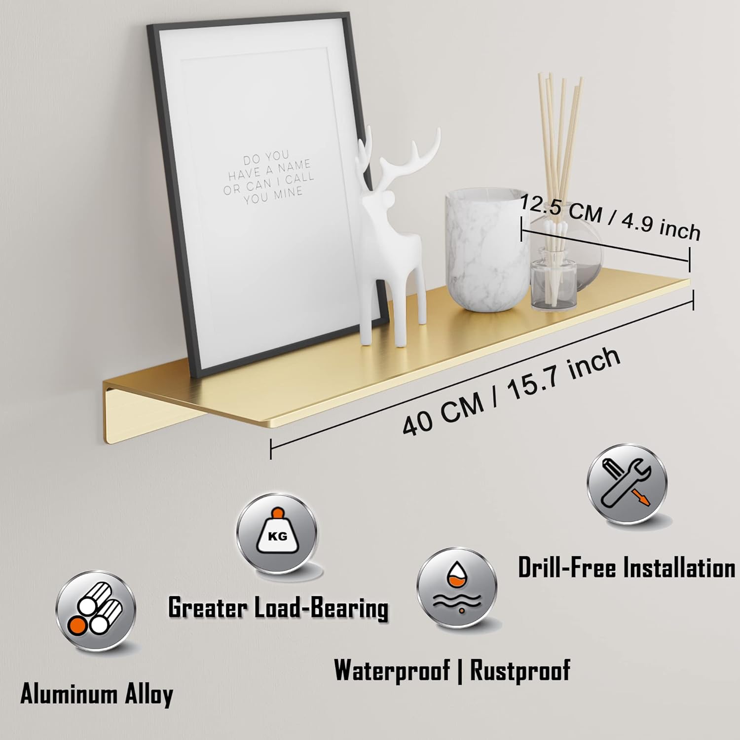 Étagères flottantes en métal, lot de 2, étagère murale en or brossé, support de douche mural, présentoir décoratif 40 cm - 7