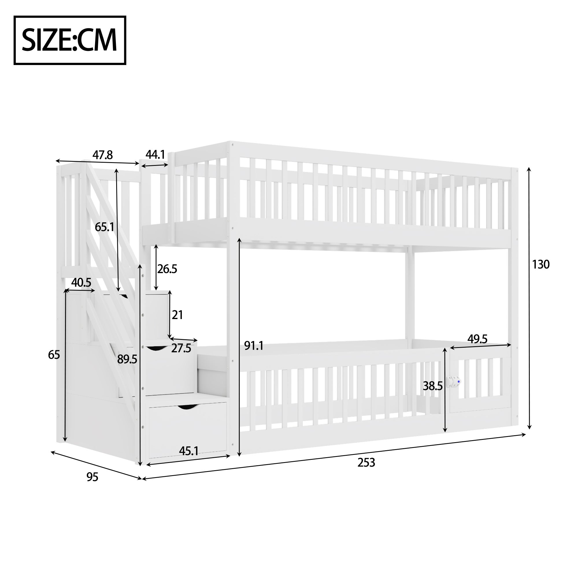Lit superposé 90x200cm - avec escalier de sécurité - avec 3 tiroirs - Blanc (matelas non inclus) - 5