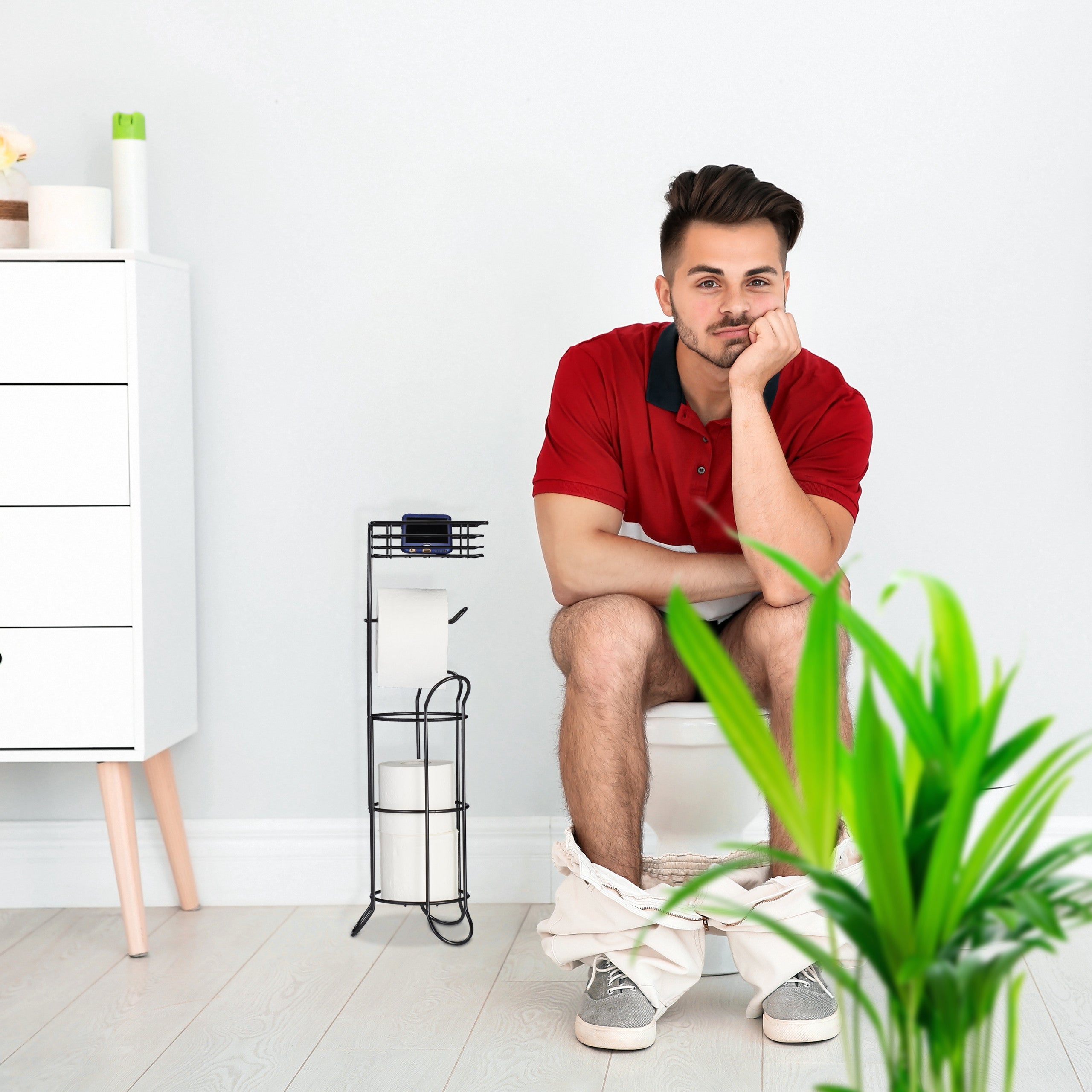 Relaxdays porte-papier toilette, vertical, avec support, 3 rouleaux, moderne, métal, HLP 57,5x18,5x17,5 cm, noir - 3