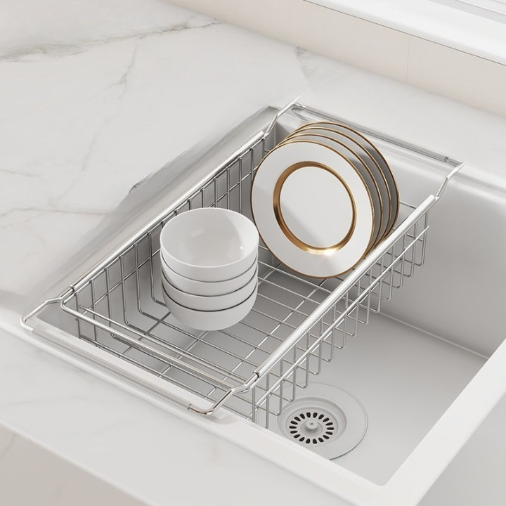 Półka do zlewu kuchennego, rozkładana, stal nierdzewna, 40×20×9 cm, ociekacz, uchwyt na naczynia i owoce/warzywa