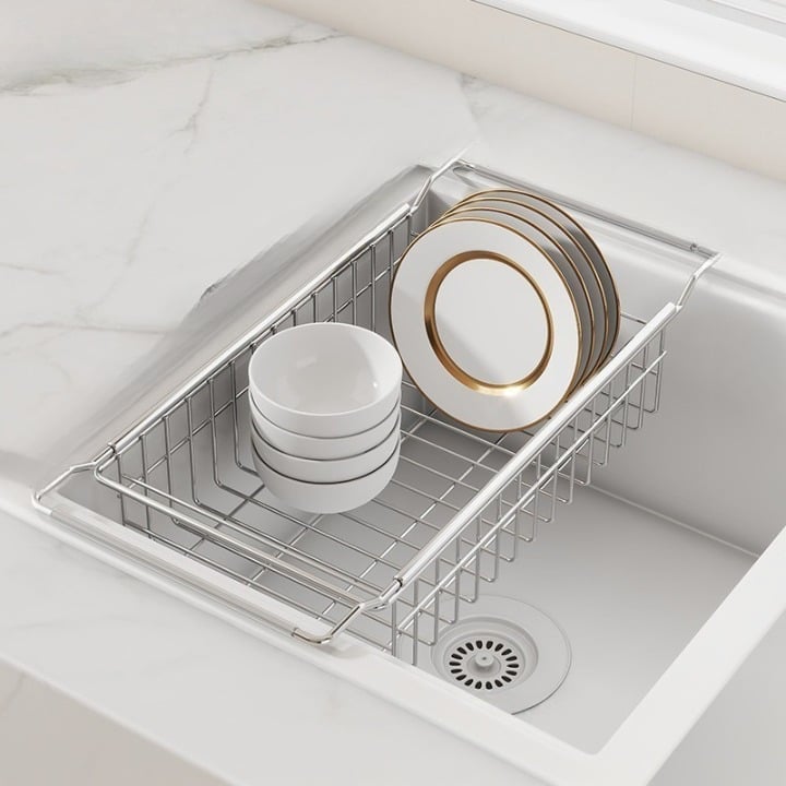 Półka do zlewu kuchennego, rozkładana, stal nierdzewna, 40×20×9 cm, ociekacz, uchwyt na naczynia i owoce/warzywa