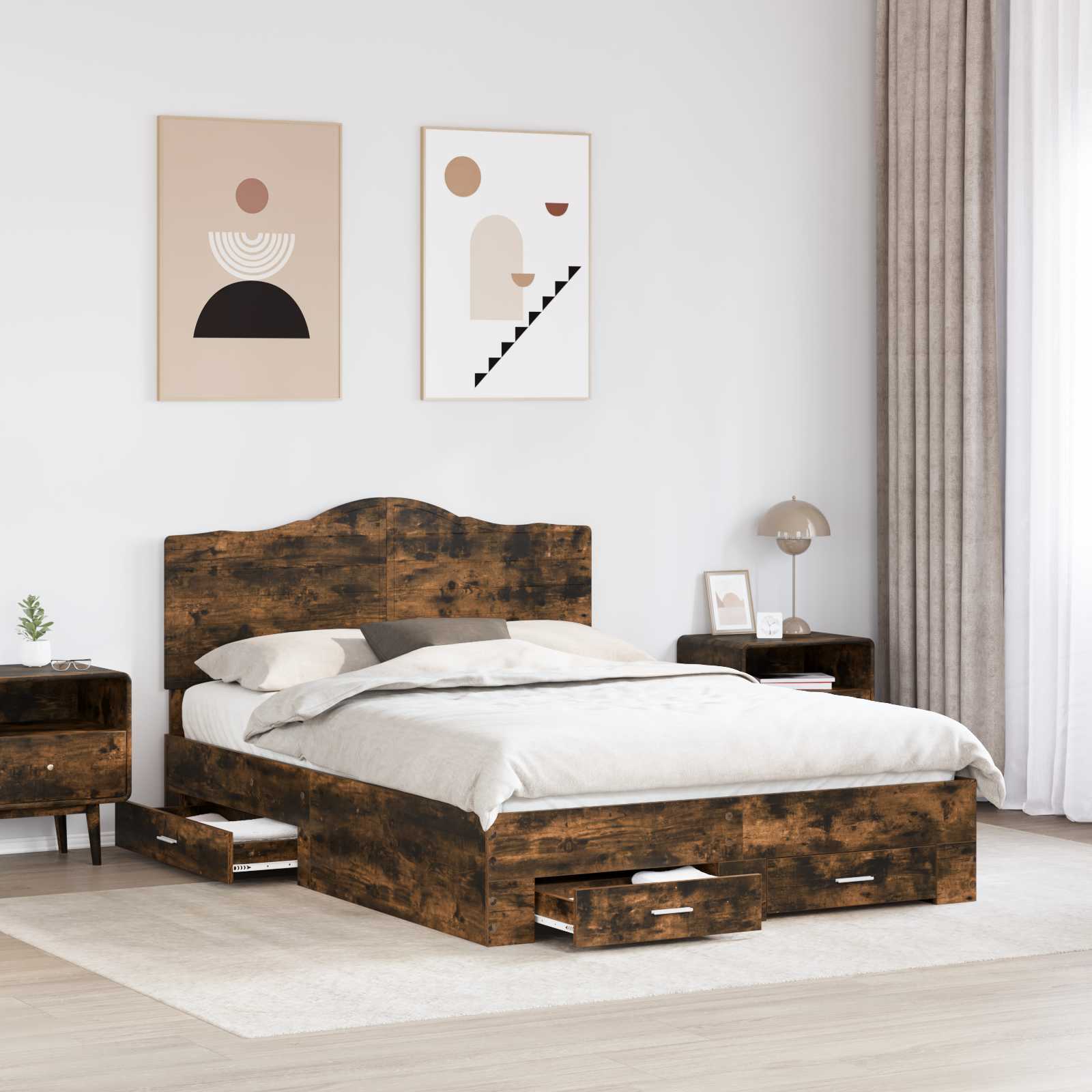 Cadre de lit chêne fumé en panneau de bois, pour la chambre, 140 × 190 cm - 3