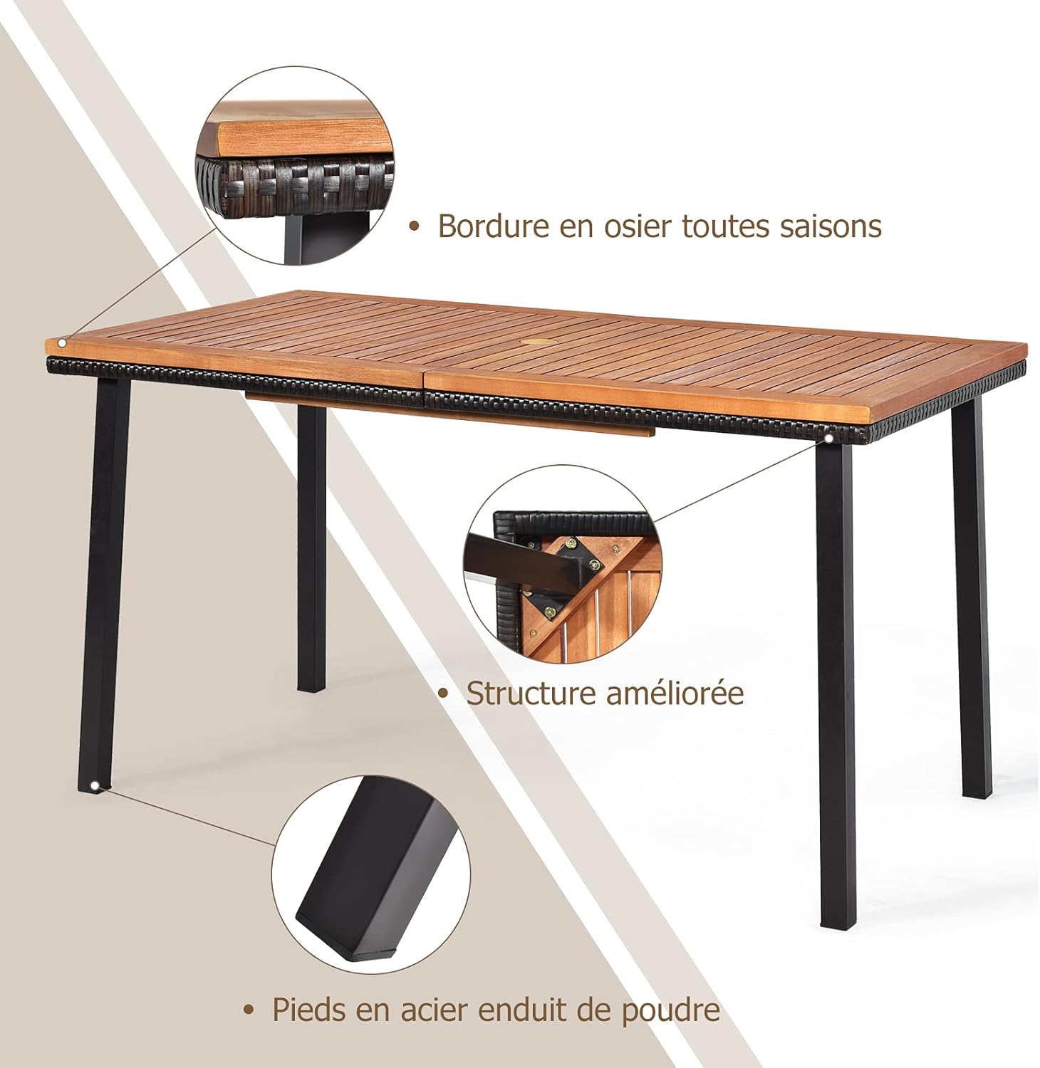 Table de Jardin en Acacia Massif Certifié FSC, avec Trou de Parasol, 140Lx75lx76H CM,Table à Manger d'Extérieur 6-8 Personnes, Naturel - 2