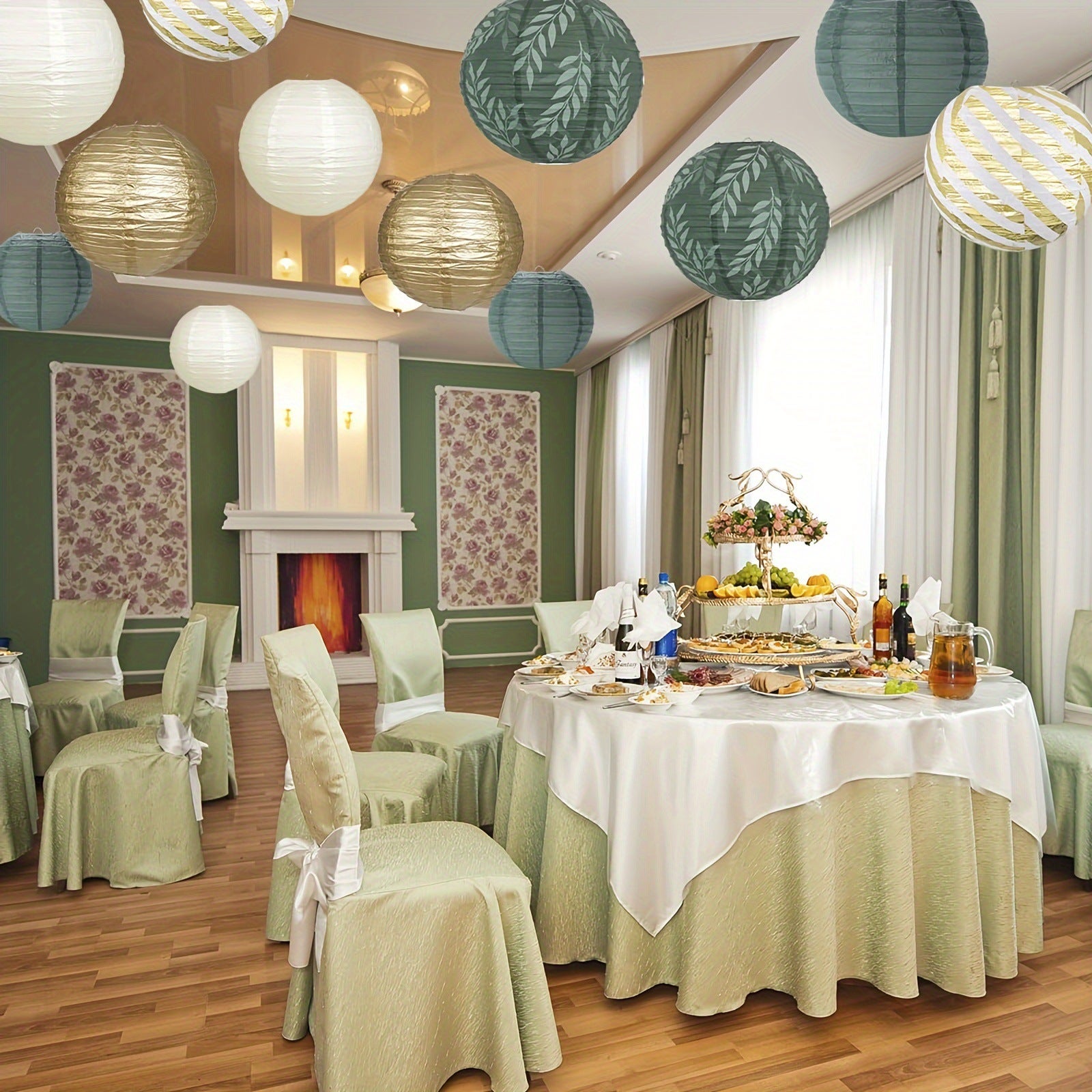 15 Lanternes en Papier Vert Sauge,Crème et Doré - Décoration Parfaite pour Mariages, Anniversaires, Fêtes Prénatales et Jardins 25cm - 4