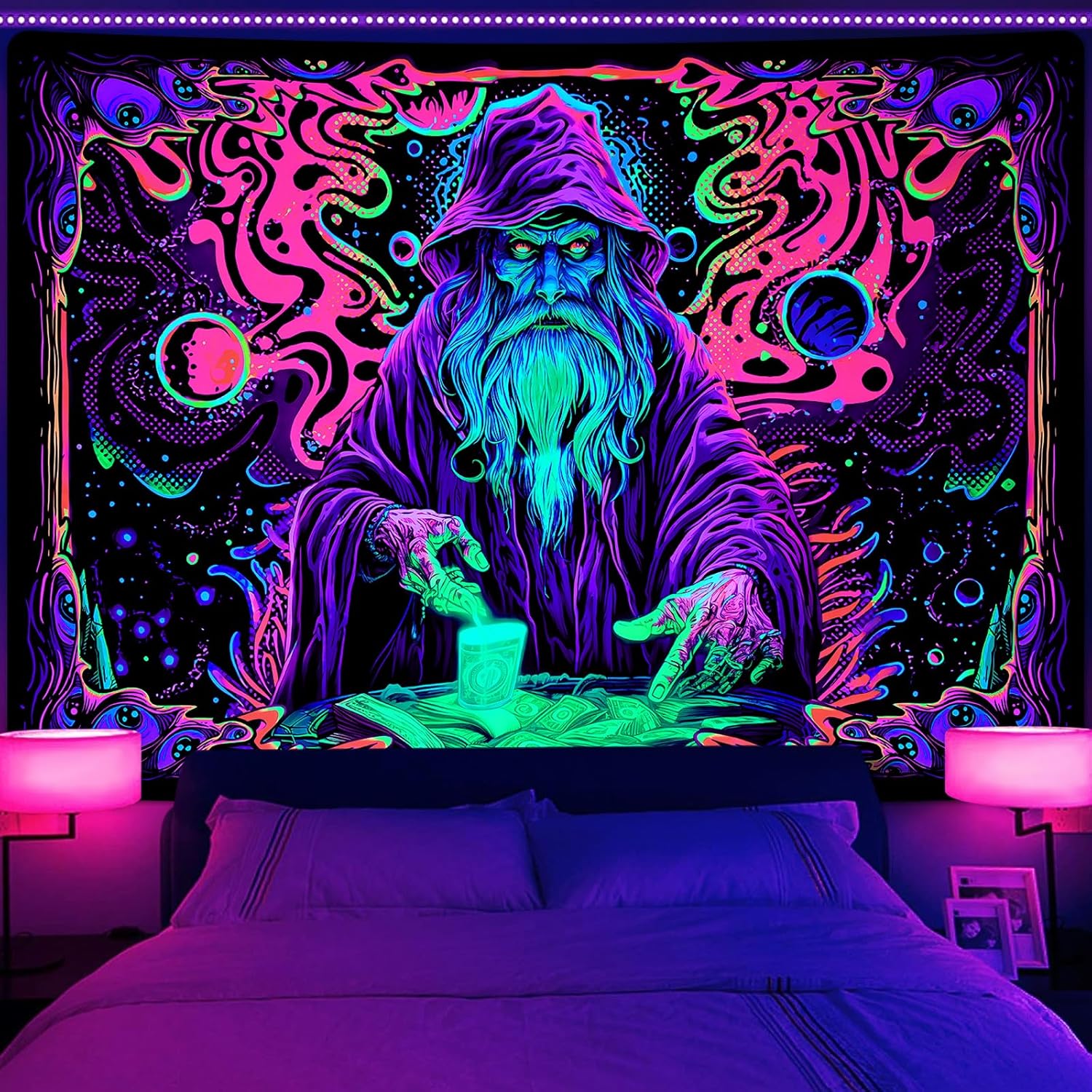 Tkanina dekoracyjna UV do sypialni, tapestria reagująca na promieniowanie UV, neonowa, gwiaździsta tapestria do powieszenia na ścianie (130 x 150 cm)