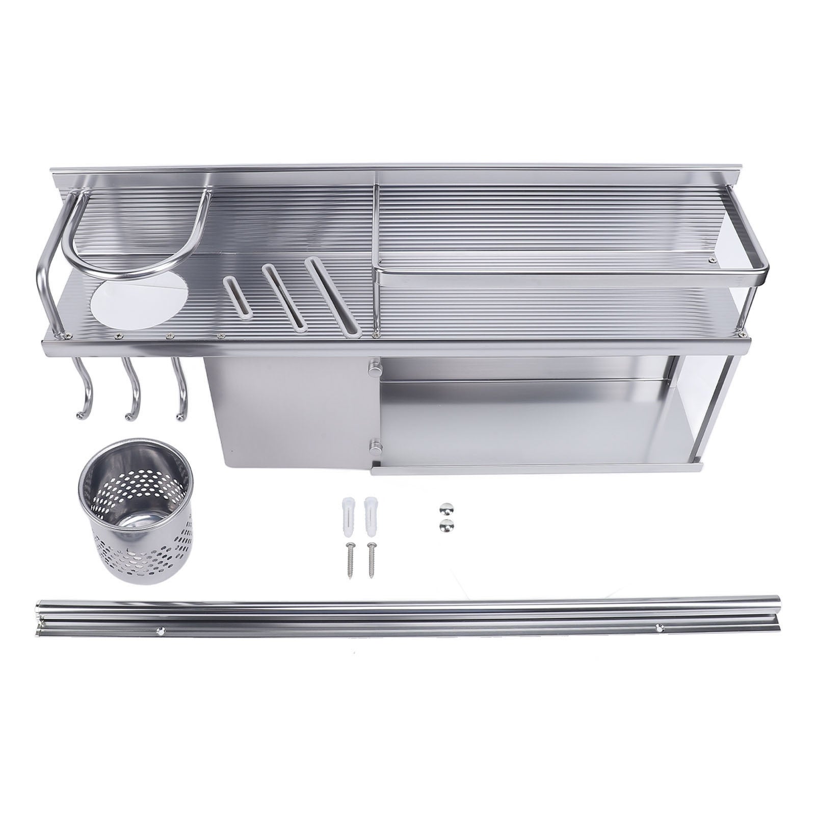 Étagère Épices Murale Aluminium 50 Cm – Sans Perçage, 13,5 Cm Profondeur, 5 Crochets + Barre – Gris Anthracite Moderne