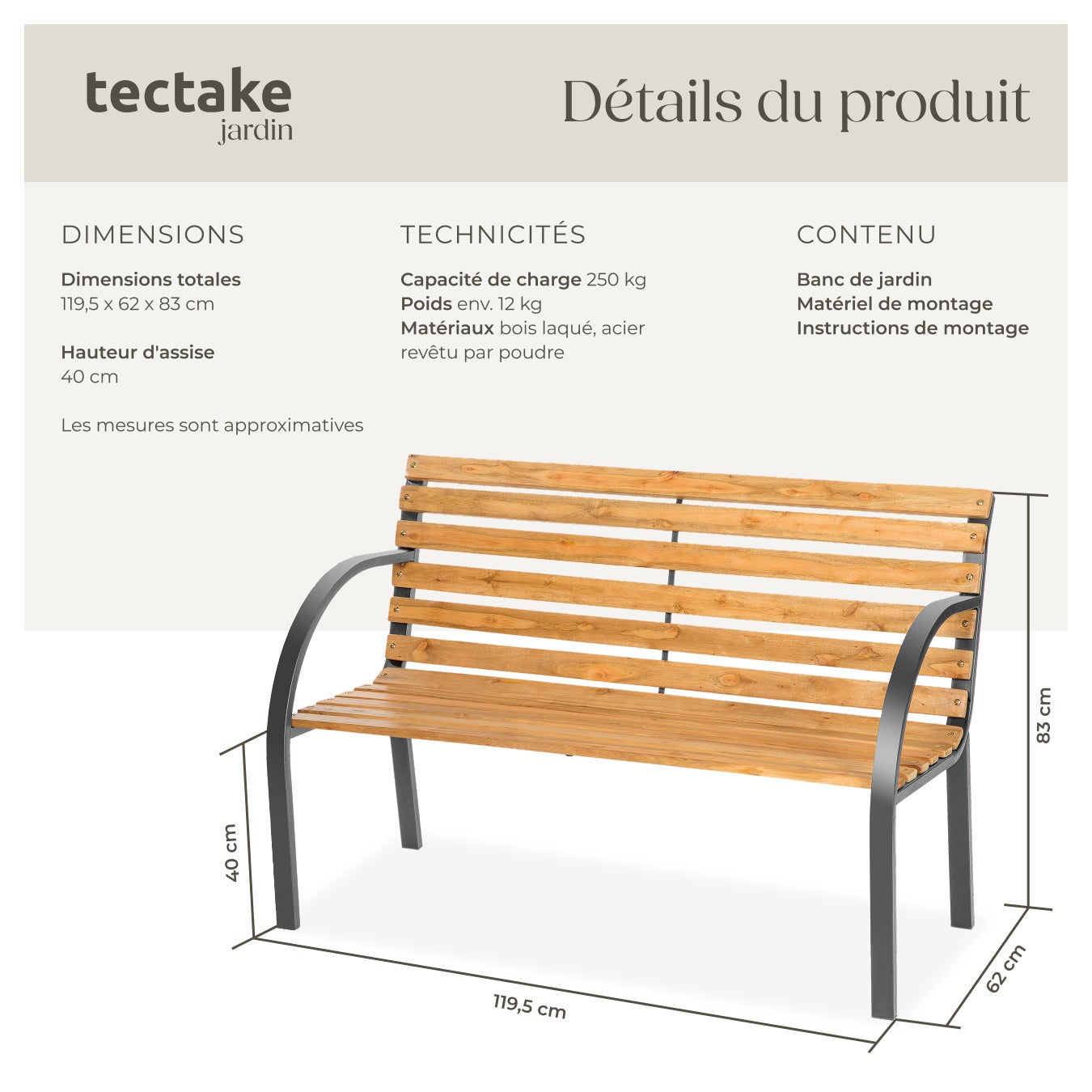 Banc de jardin en bois et acier, stable, résistant, adapté intérieur extérieur, marron TECTAKE - 5